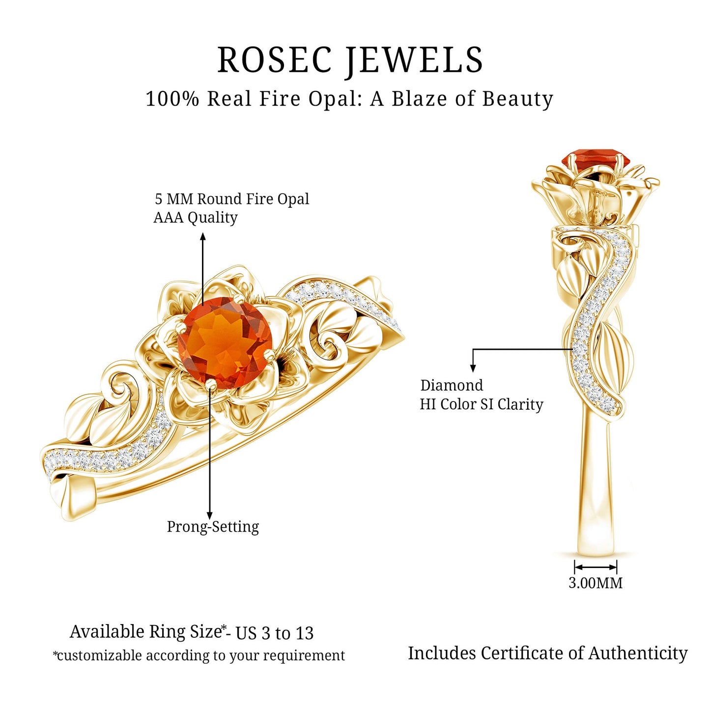 Nature Inspired Fire Opal and Diamond Engagement Ring with Certificate