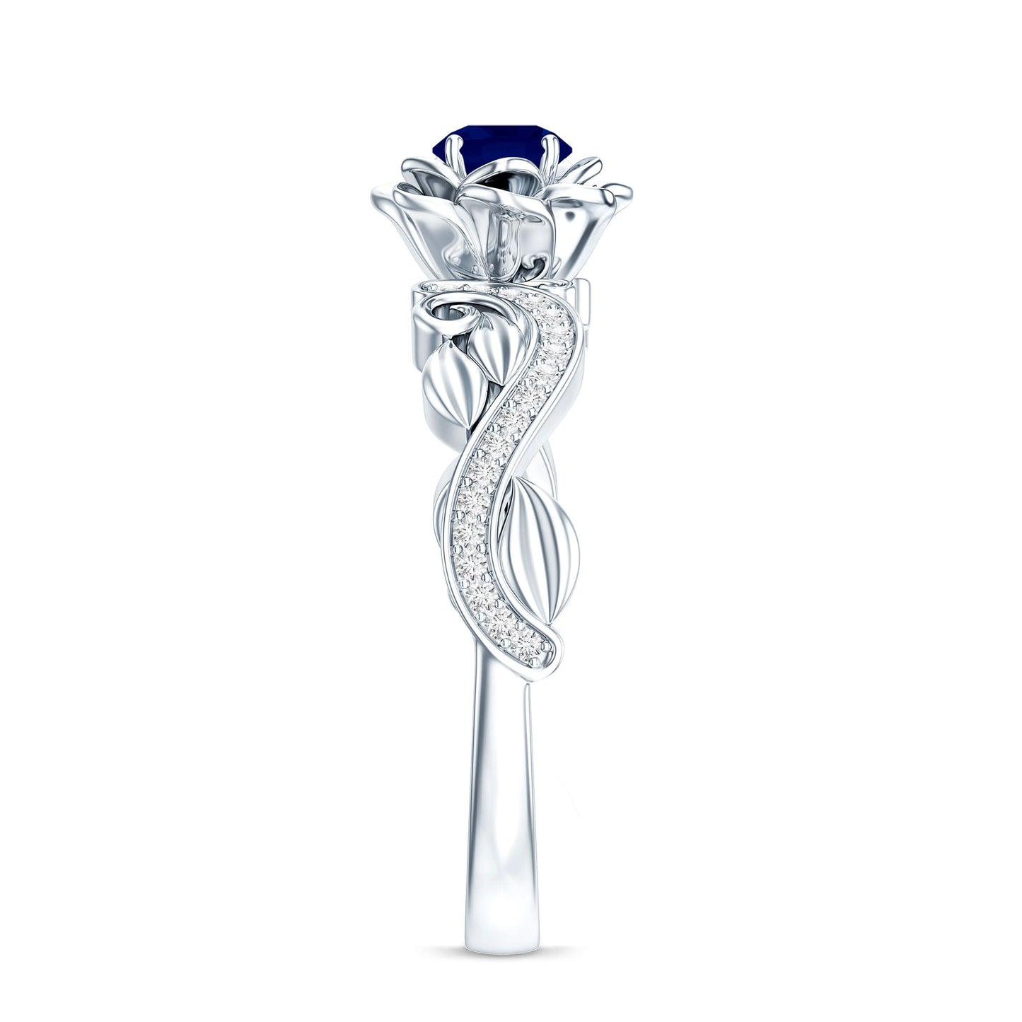 Rose Flower Engagement Ring with Genuine Blue Sapphire and Diamond