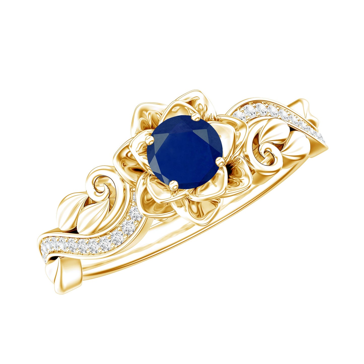 Rose Flower Engagement Ring with Genuine Blue Sapphire and Diamond