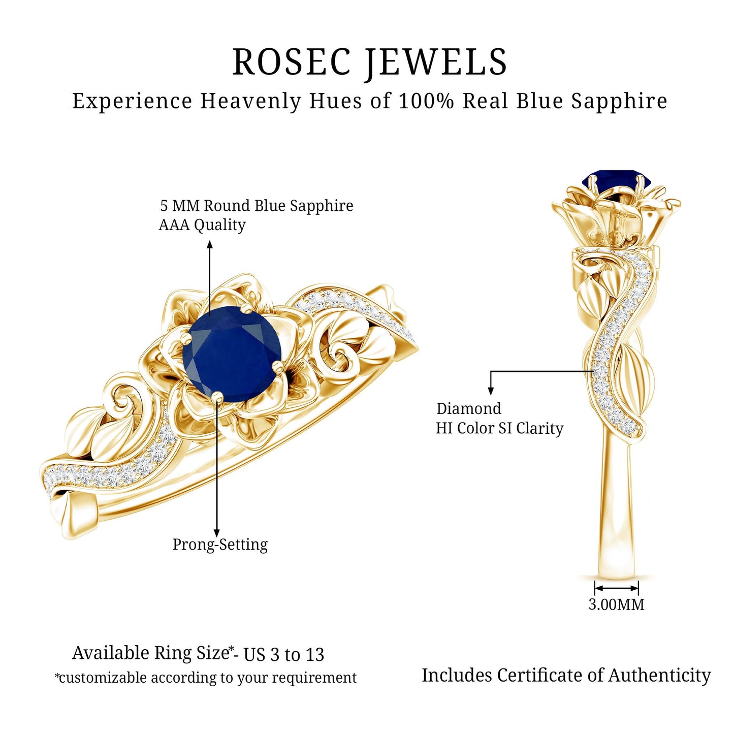 Rose Flower Engagement Ring with Genuine Blue Sapphire and Diamond