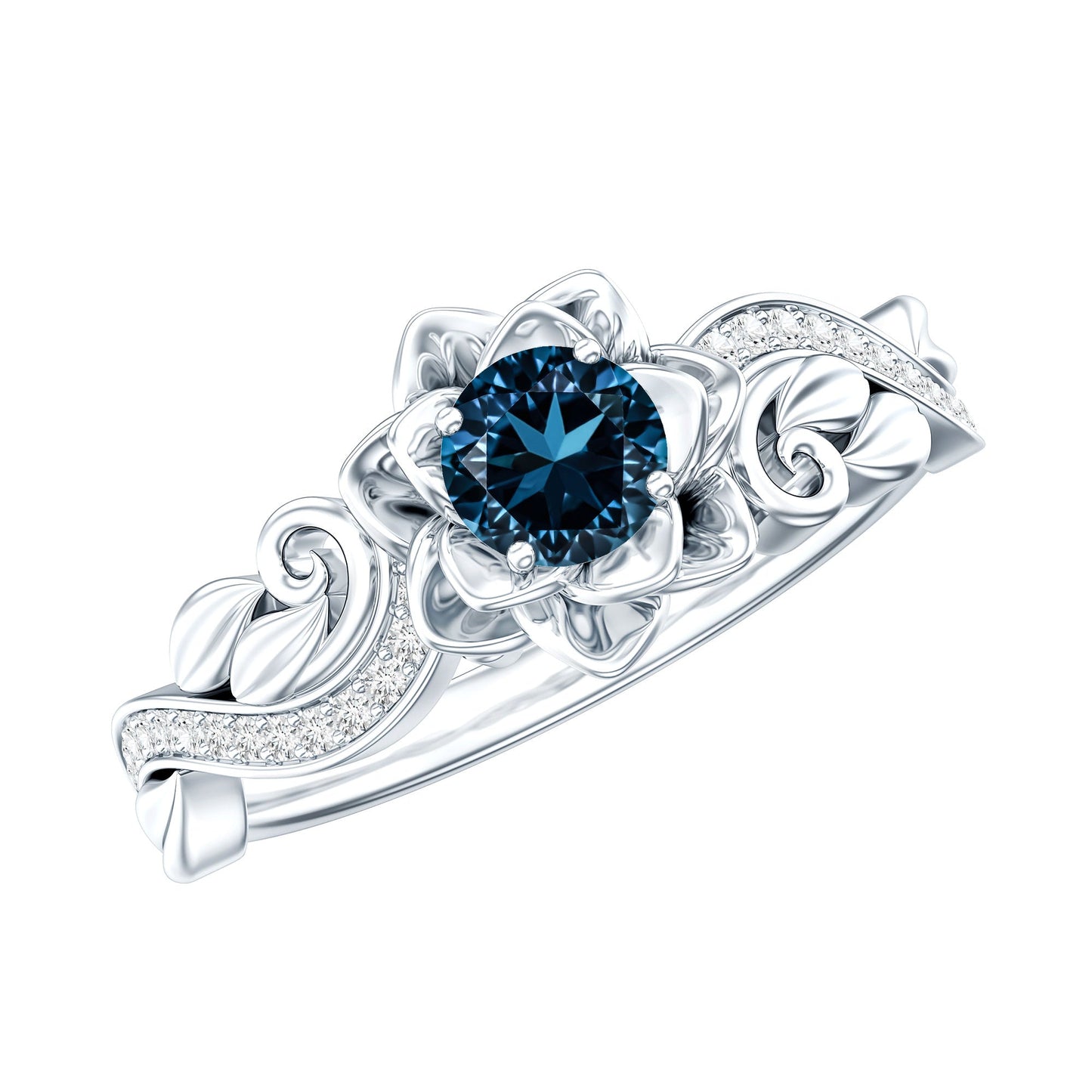 0.6 Carat Round Shape London Blue Topaz Nature Inspired Engagement Ring with Diamond