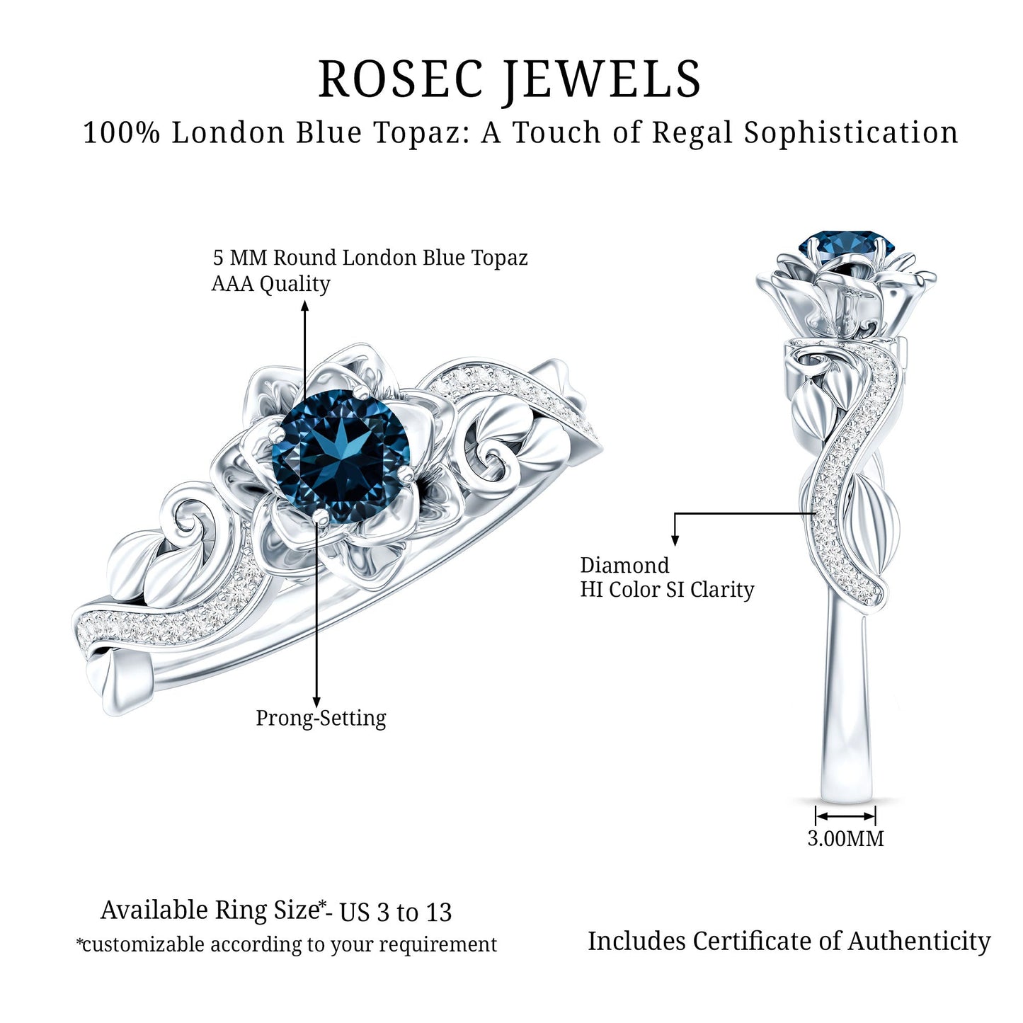 0.6 Carat Round Shape London Blue Topaz Nature Inspired Engagement Ring with Diamond