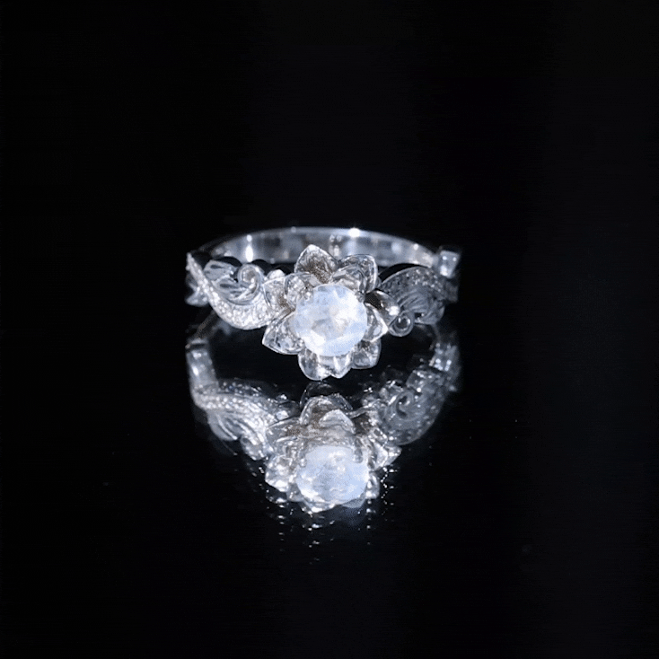 Natural Moonstone Rose Flower Engagement Ring With Diamond