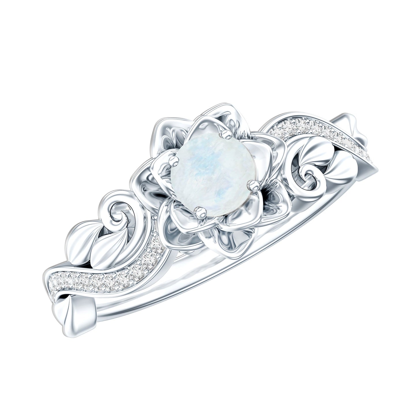 Natural Moonstone Rose Flower Engagement Ring With Diamond