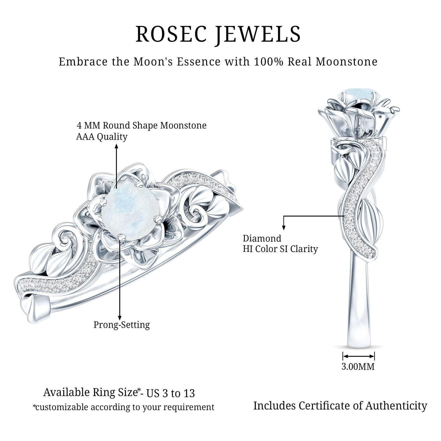Natural Moonstone Rose Flower Engagement Ring With Diamond