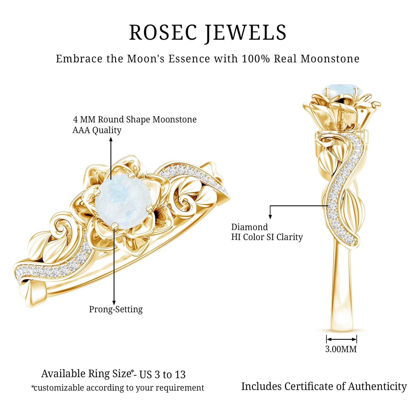 Natural Moonstone Rose Flower Engagement Ring With Diamond