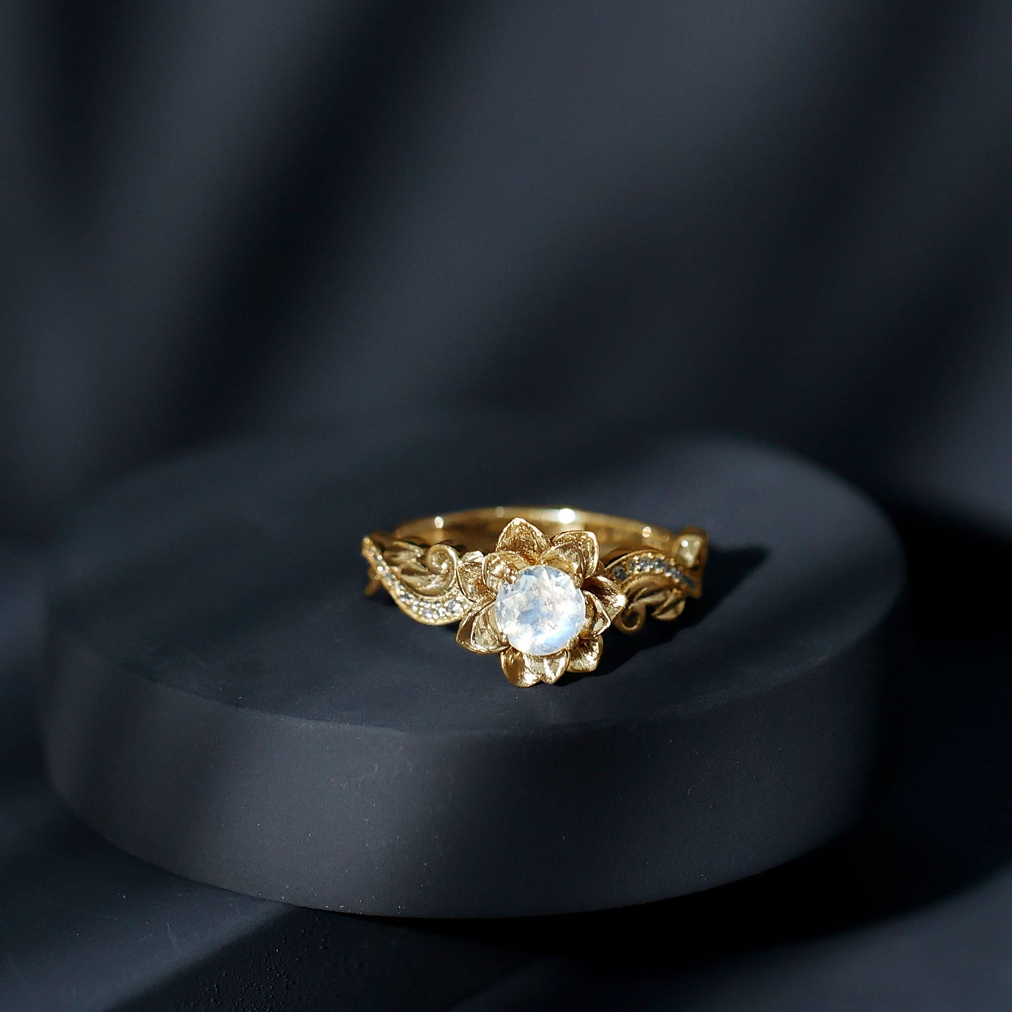Natural Moonstone Rose Flower Engagement Ring With Diamond