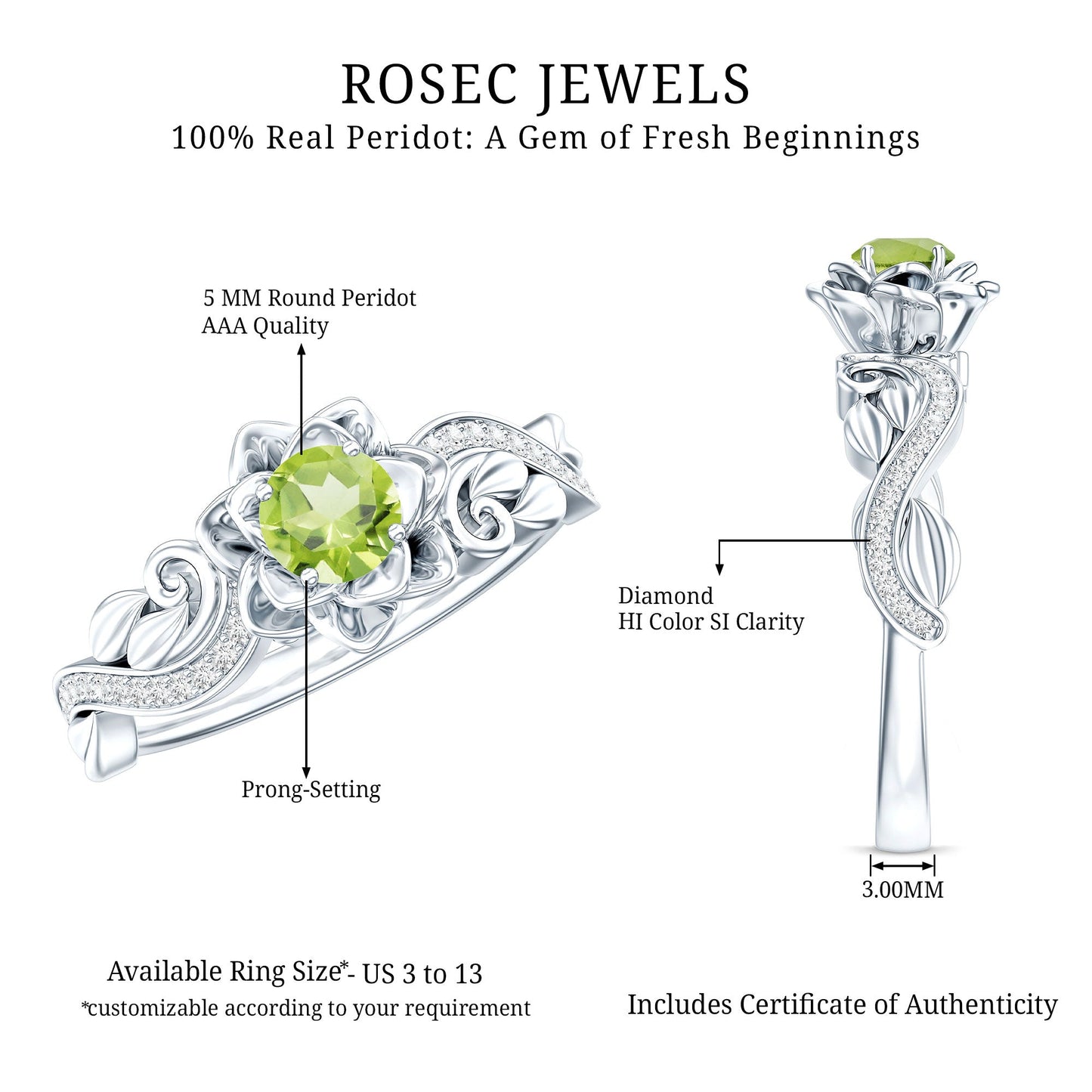 Genuine Peridot and Diamond Flower Inspired Engagement Ring