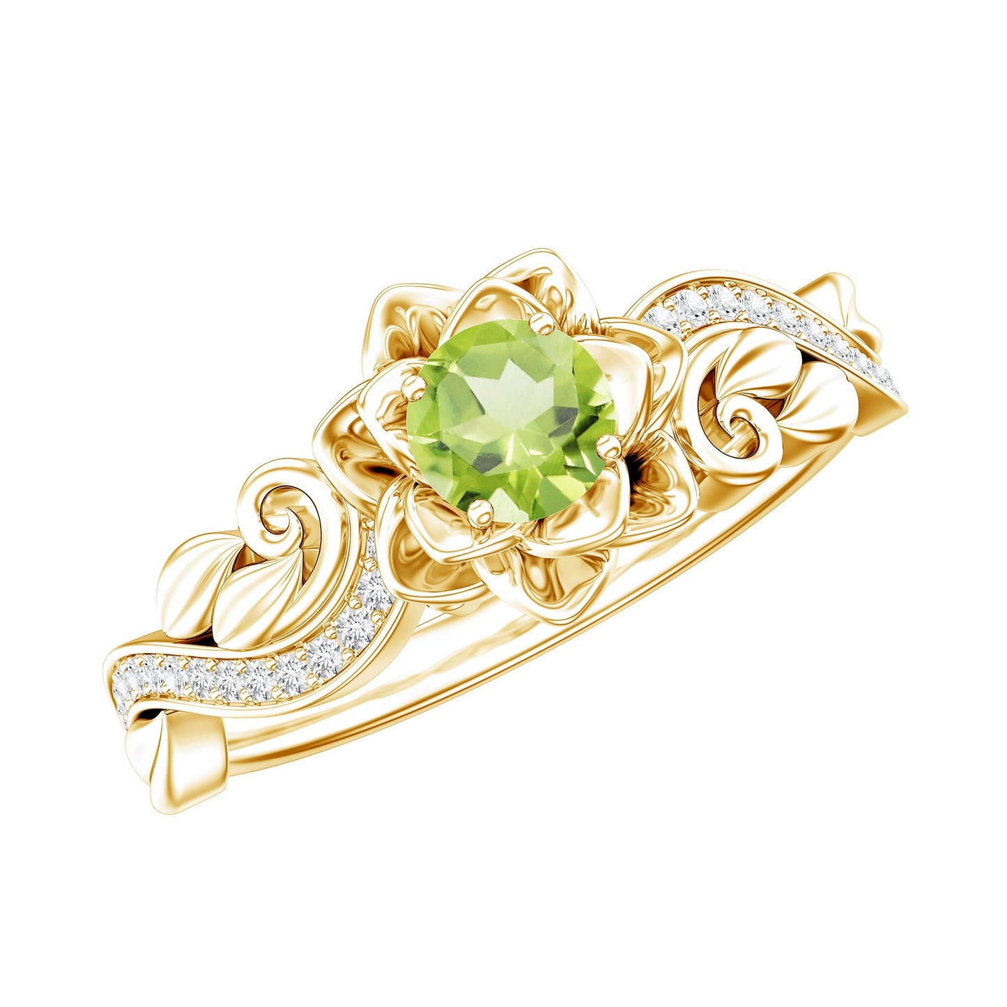 Genuine Peridot and Diamond Flower Inspired Engagement Ring