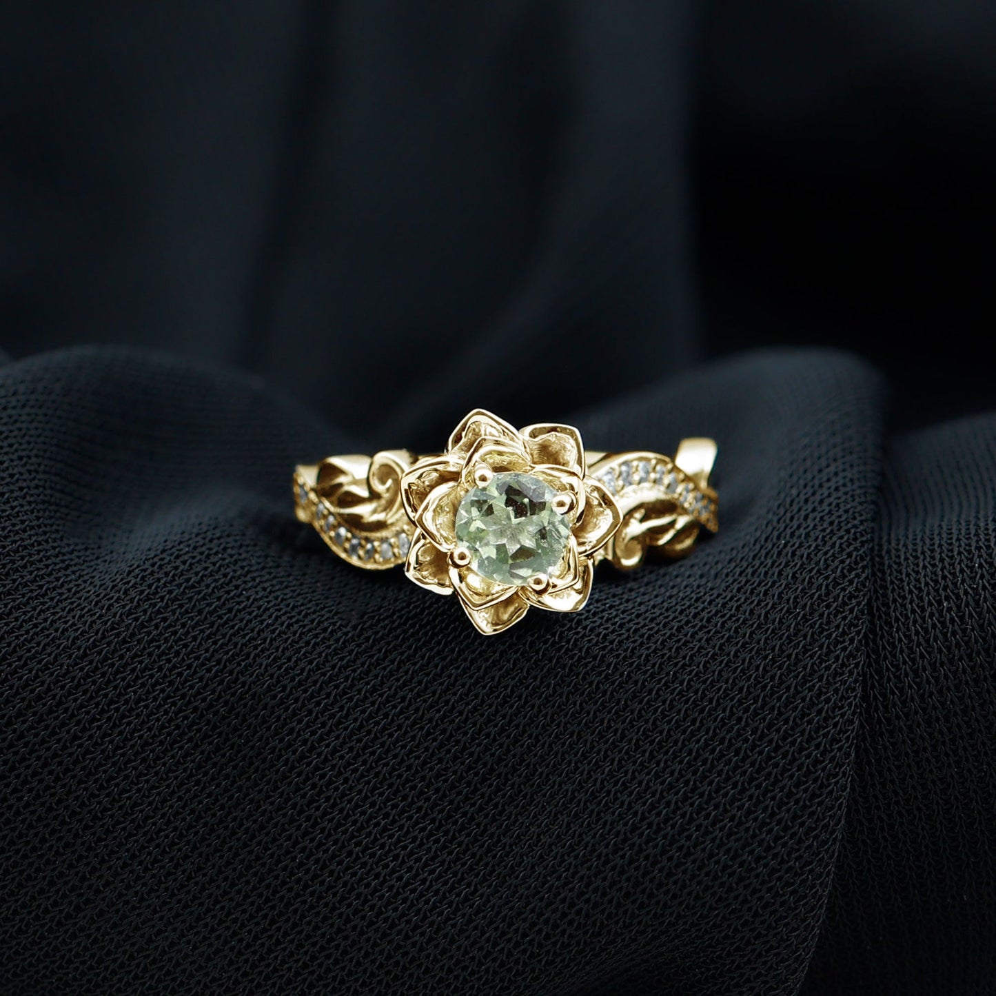 Genuine Peridot and Diamond Flower Inspired Engagement Ring