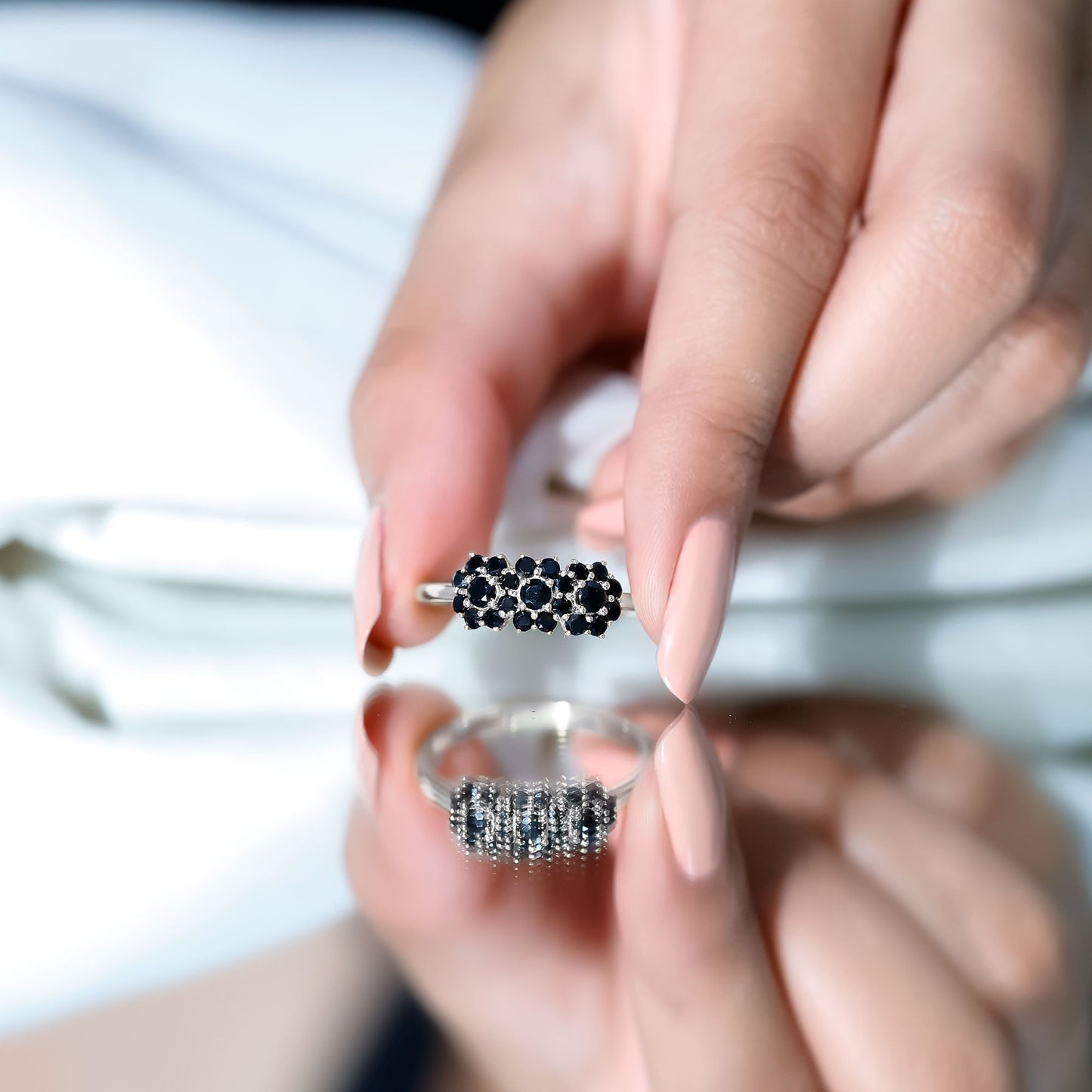 Certified Black Onyx Flower Engagement Ring