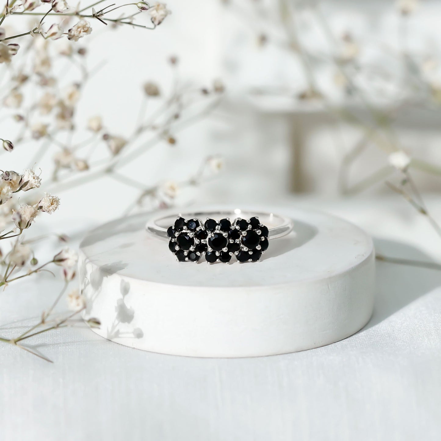 Certified Black Onyx Flower Engagement Ring