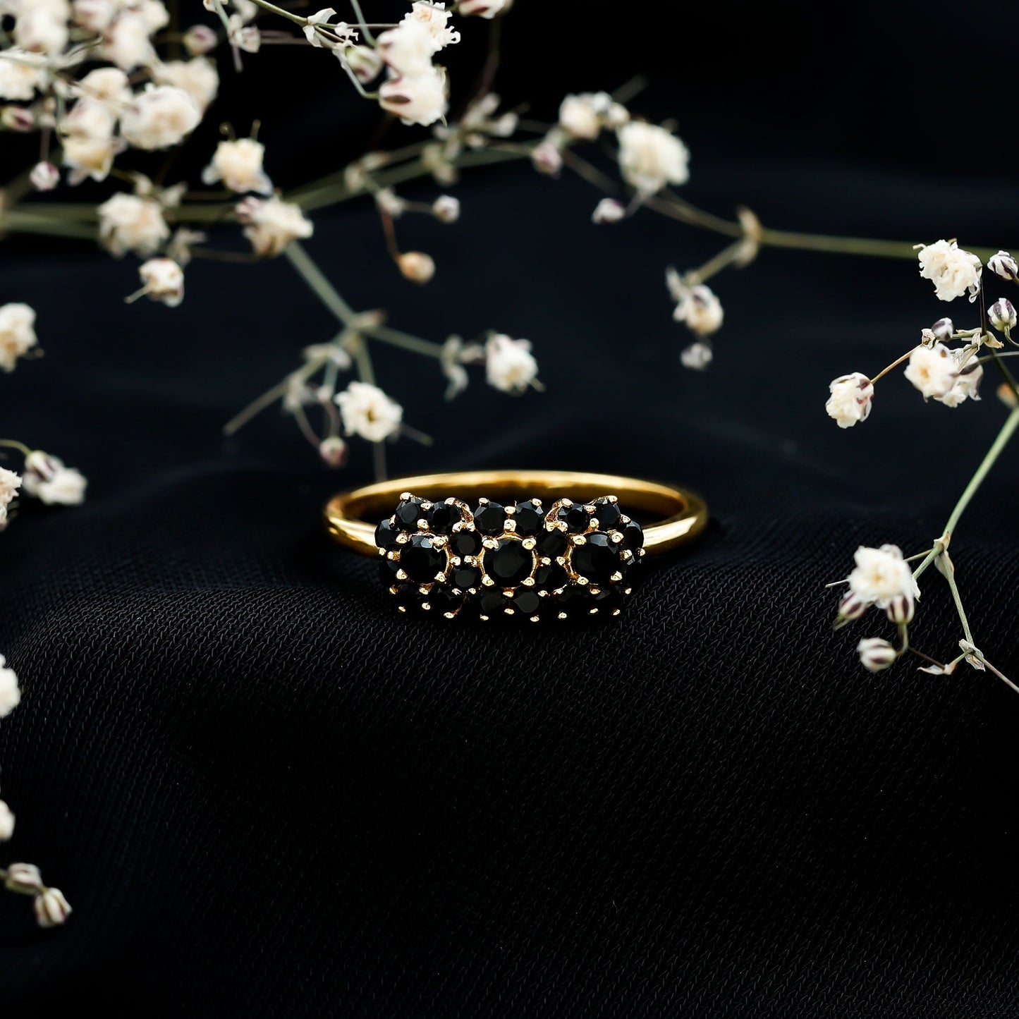Certified Black Onyx Flower Engagement Ring