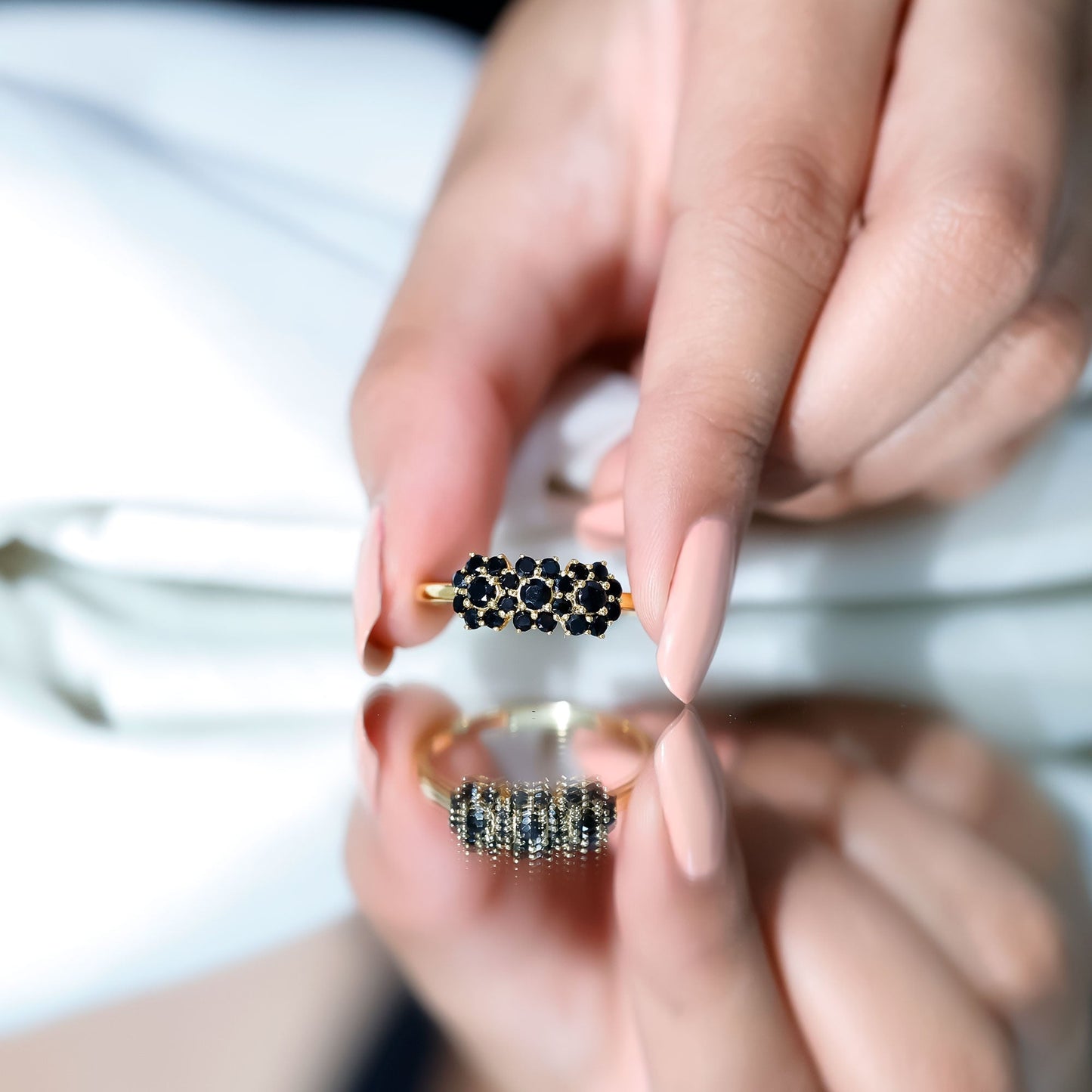 Certified Black Onyx Flower Engagement Ring