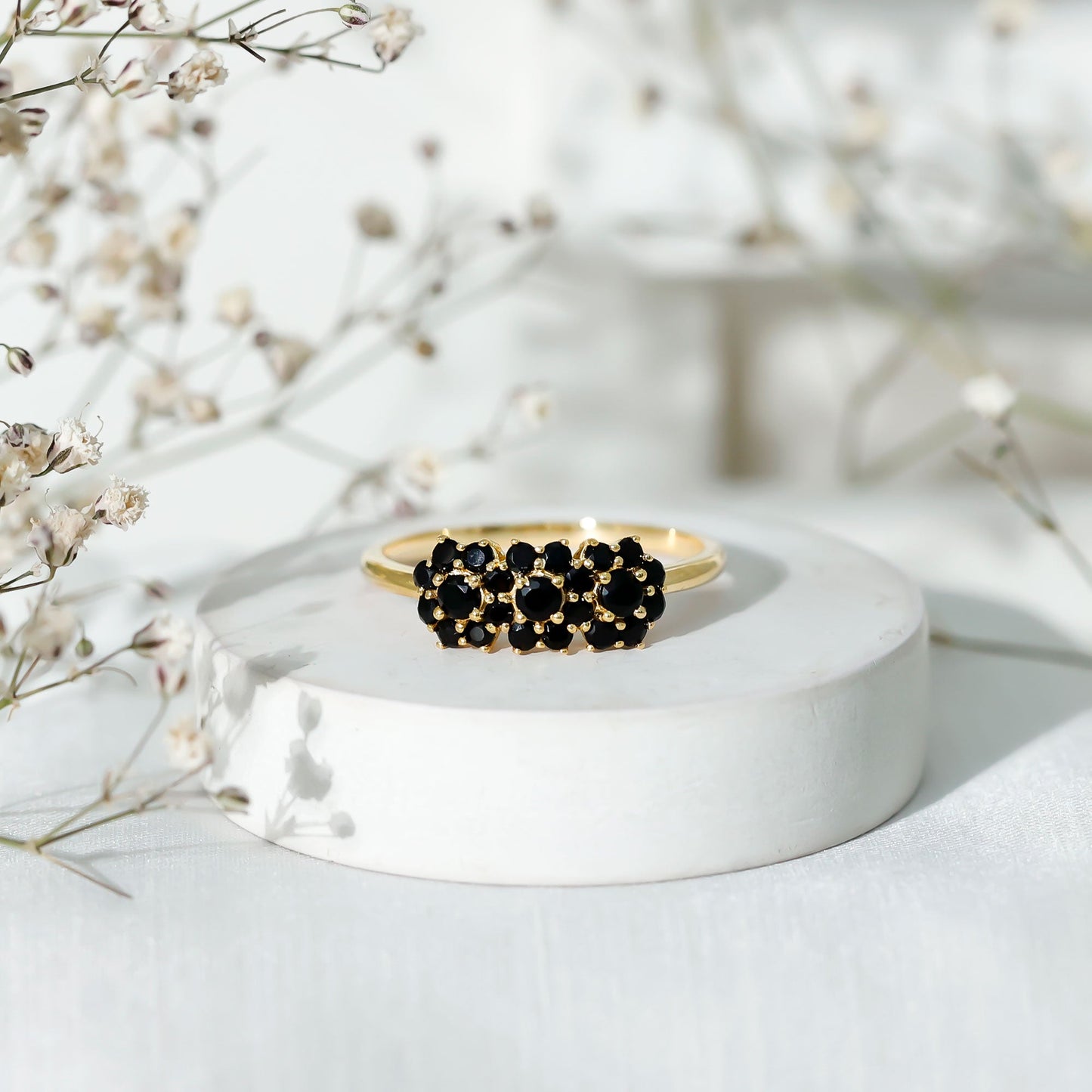 Certified Black Onyx Flower Engagement Ring