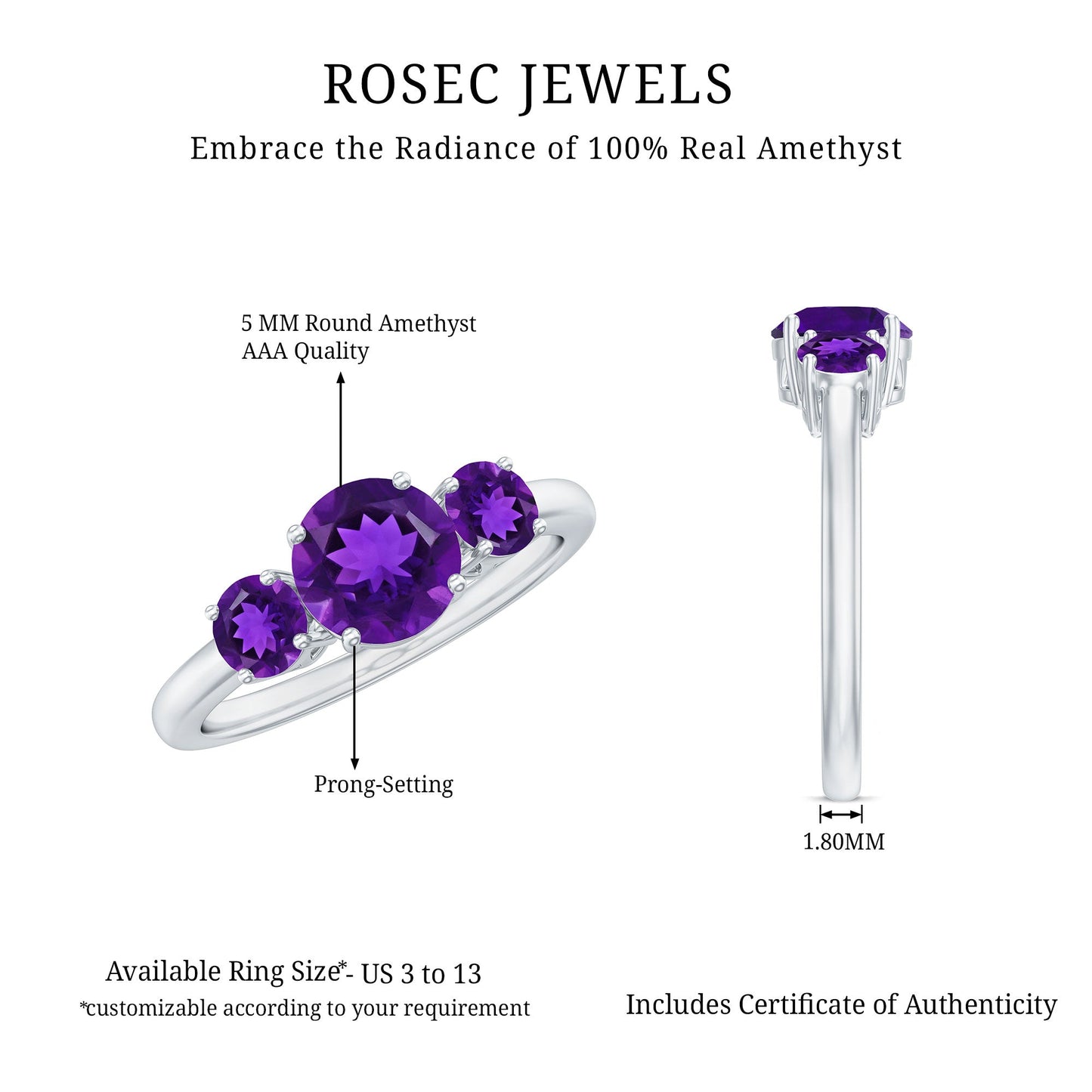 Real Amethyst 3 Stone Engagement Ring for Women