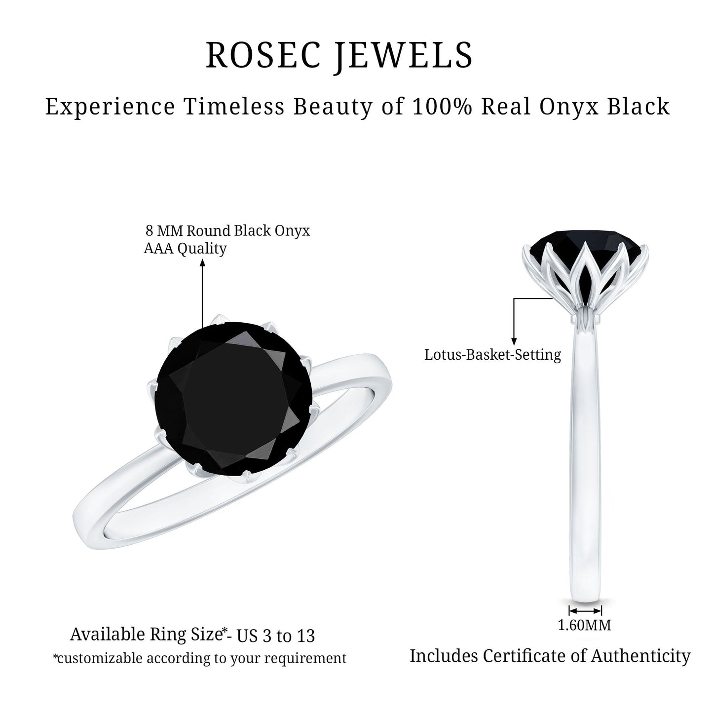 Lotus Basket Set Solitaire Black Onyx Engagement Ring for Women