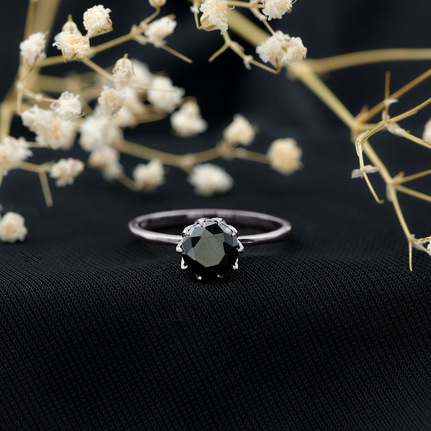 Lotus Basket Set Solitaire Black Onyx Engagement Ring for Women