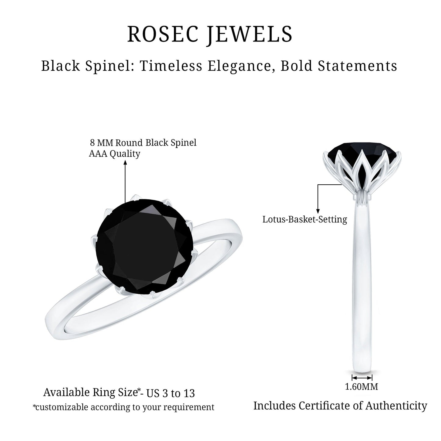Natural 2.68 Carat Black Spinel Solitaire Engagement Ring