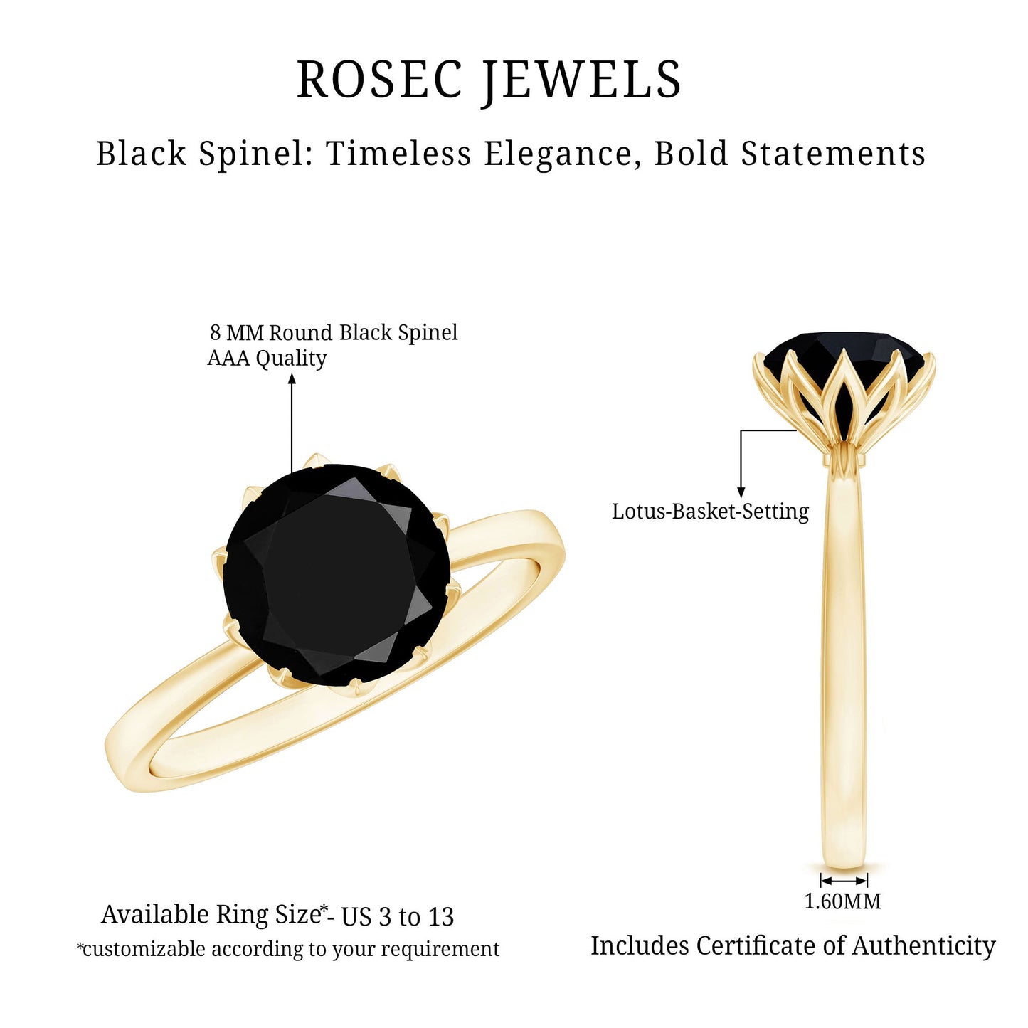 Natural 2.68 Carat Black Spinel Solitaire Engagement Ring