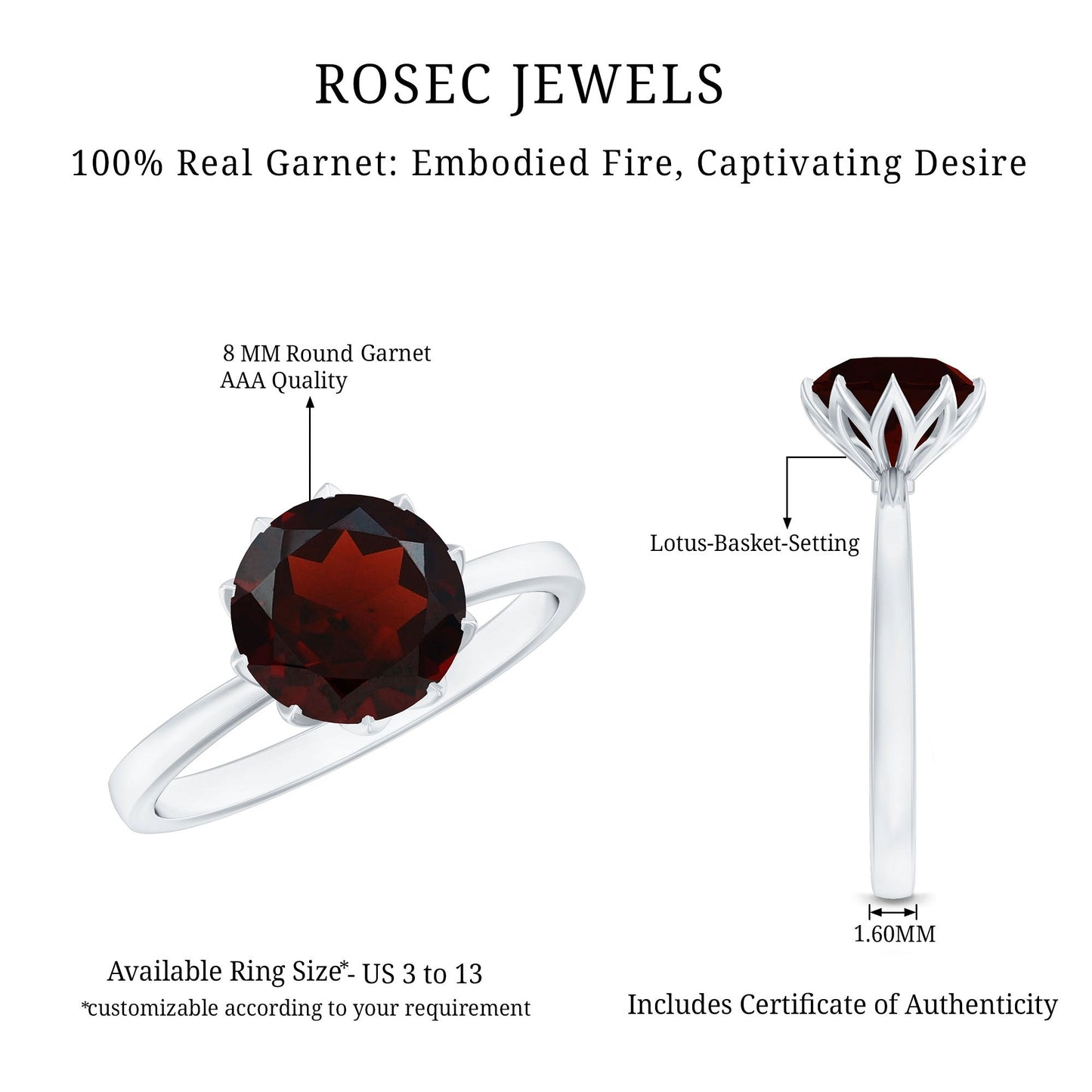 Natural 2.3 Carat Garnet Solitaire Engagement Ring