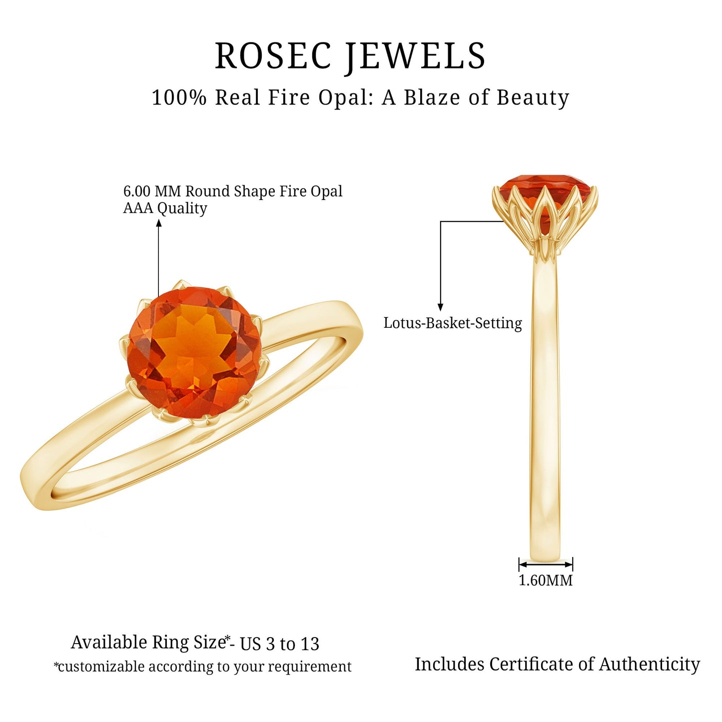 0.75 Carat Round Fire Opal Solitaire Ring in Lotus Basket Setting