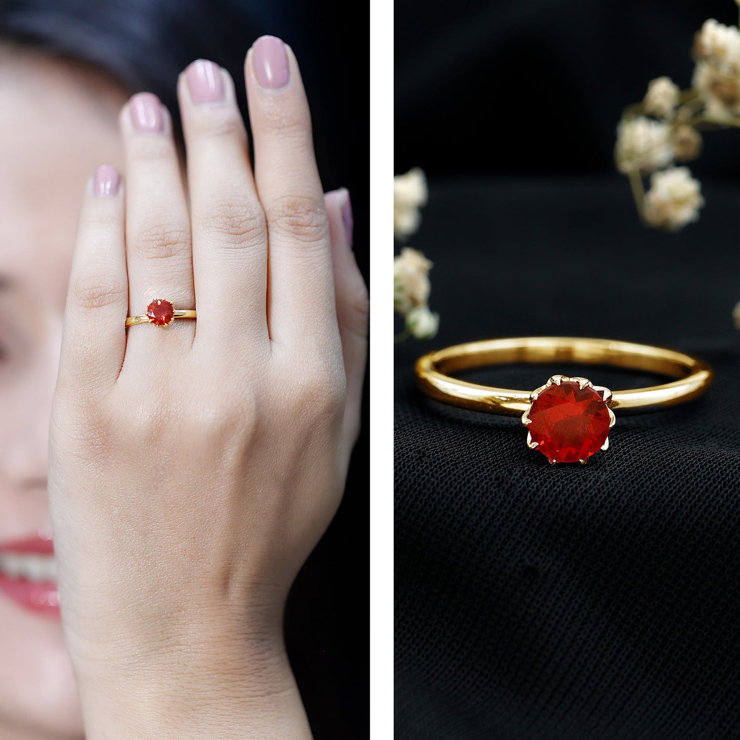 0.75 Carat Round Fire Opal Solitaire Ring in Lotus Basket Setting