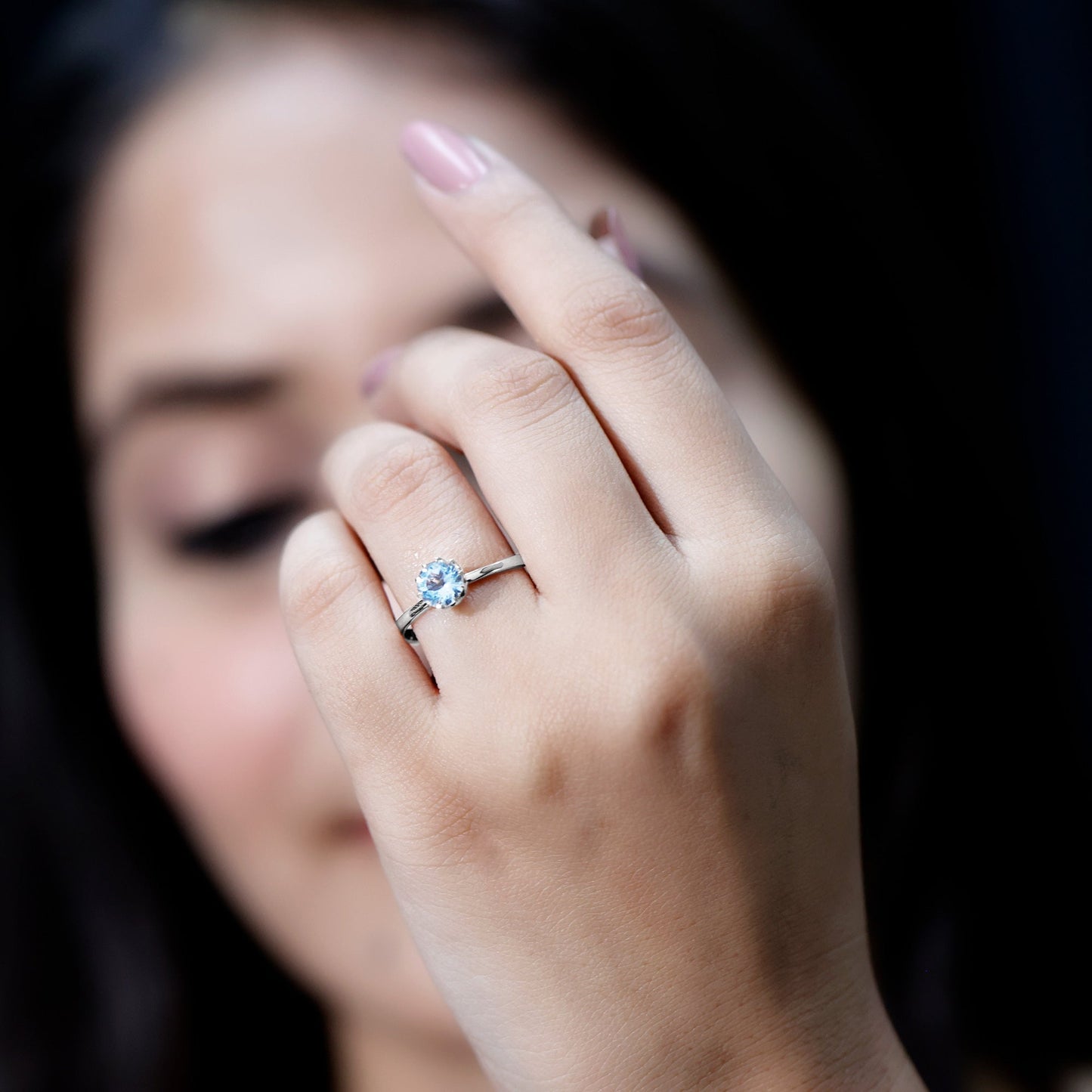 0.8 Carat Round Cut Aquamarine Solitaire Engagement Ring