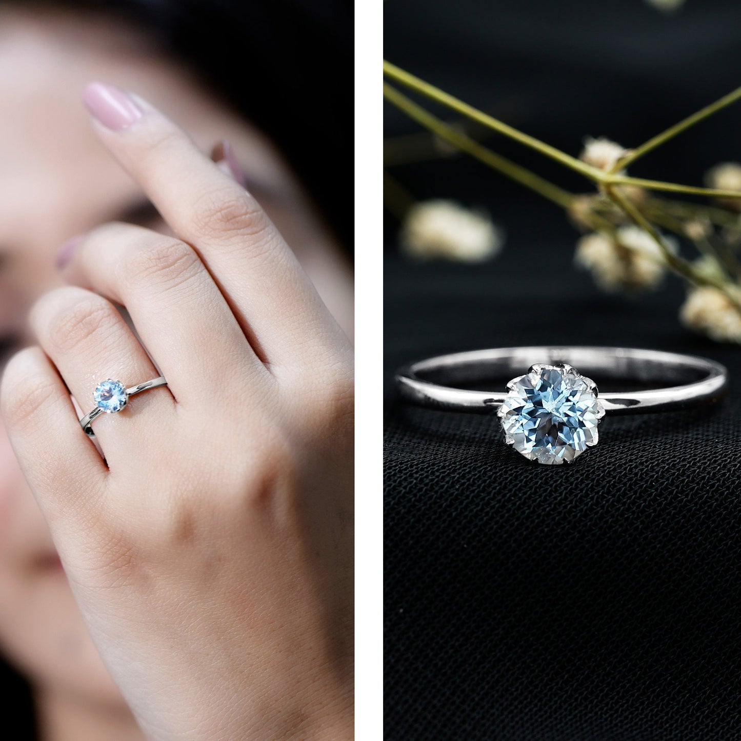 0.8 Carat Round Cut Aquamarine Solitaire Engagement Ring