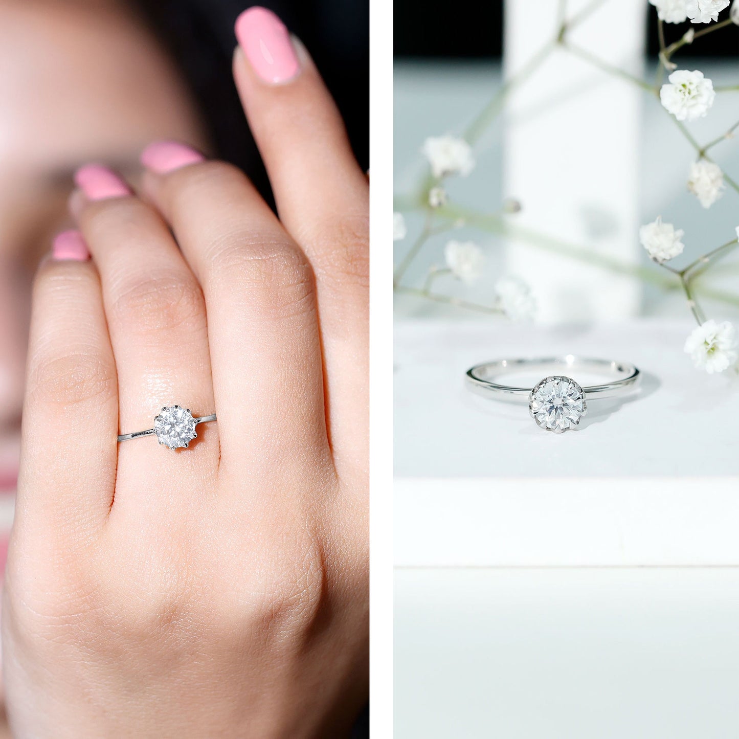 0.9 Carat Moissanite Solitaire Ring in Lotus Basket Setting