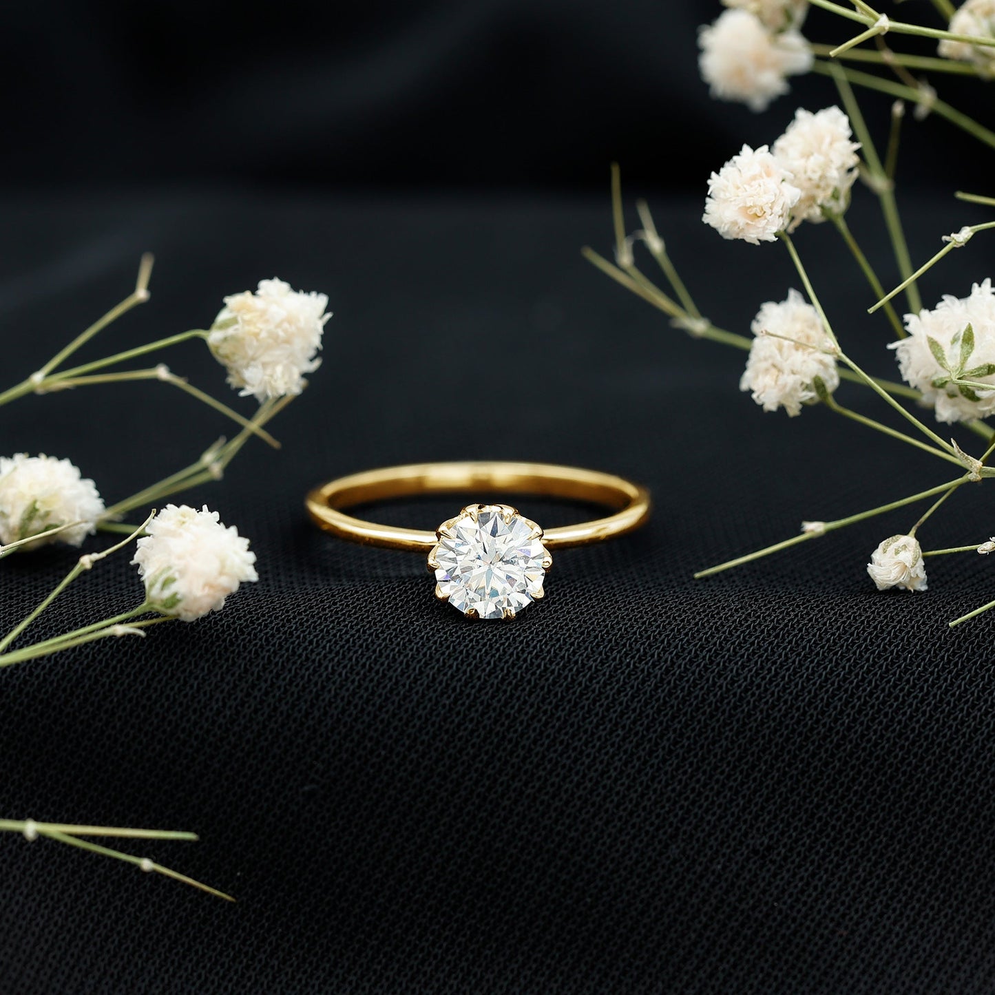 0.9 Carat Moissanite Solitaire Ring in Lotus Basket Setting