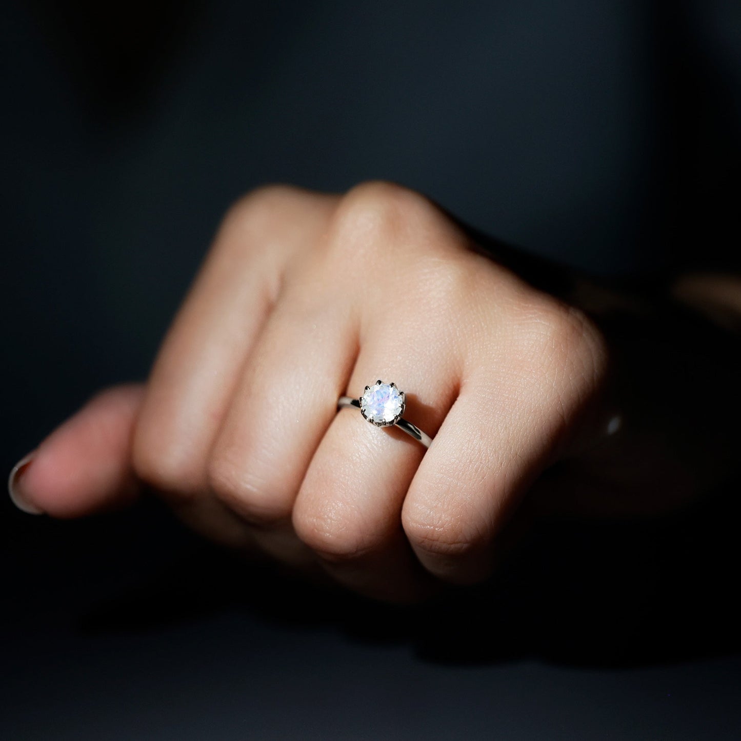 Natural Moonstone Solitaire Ring in Lotus Basket Setting