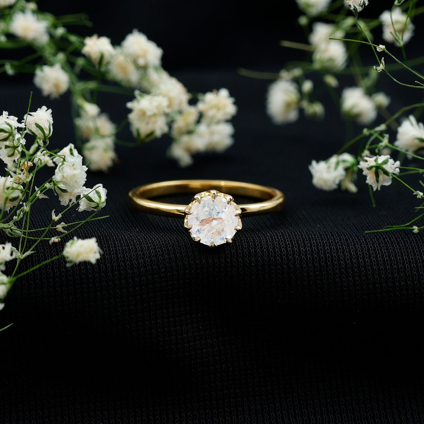 Natural Moonstone Solitaire Ring in Lotus Basket Setting