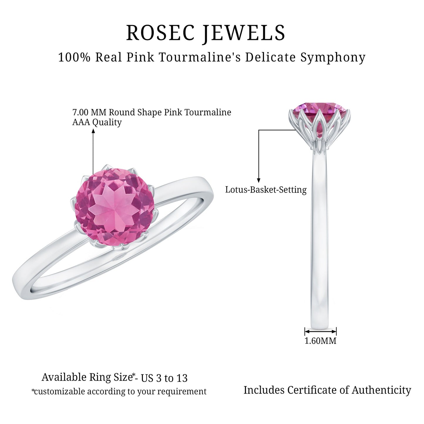 1.2 Carat Natural Pink Tourmaline Solitaire Ring in Lotus Basket Setting