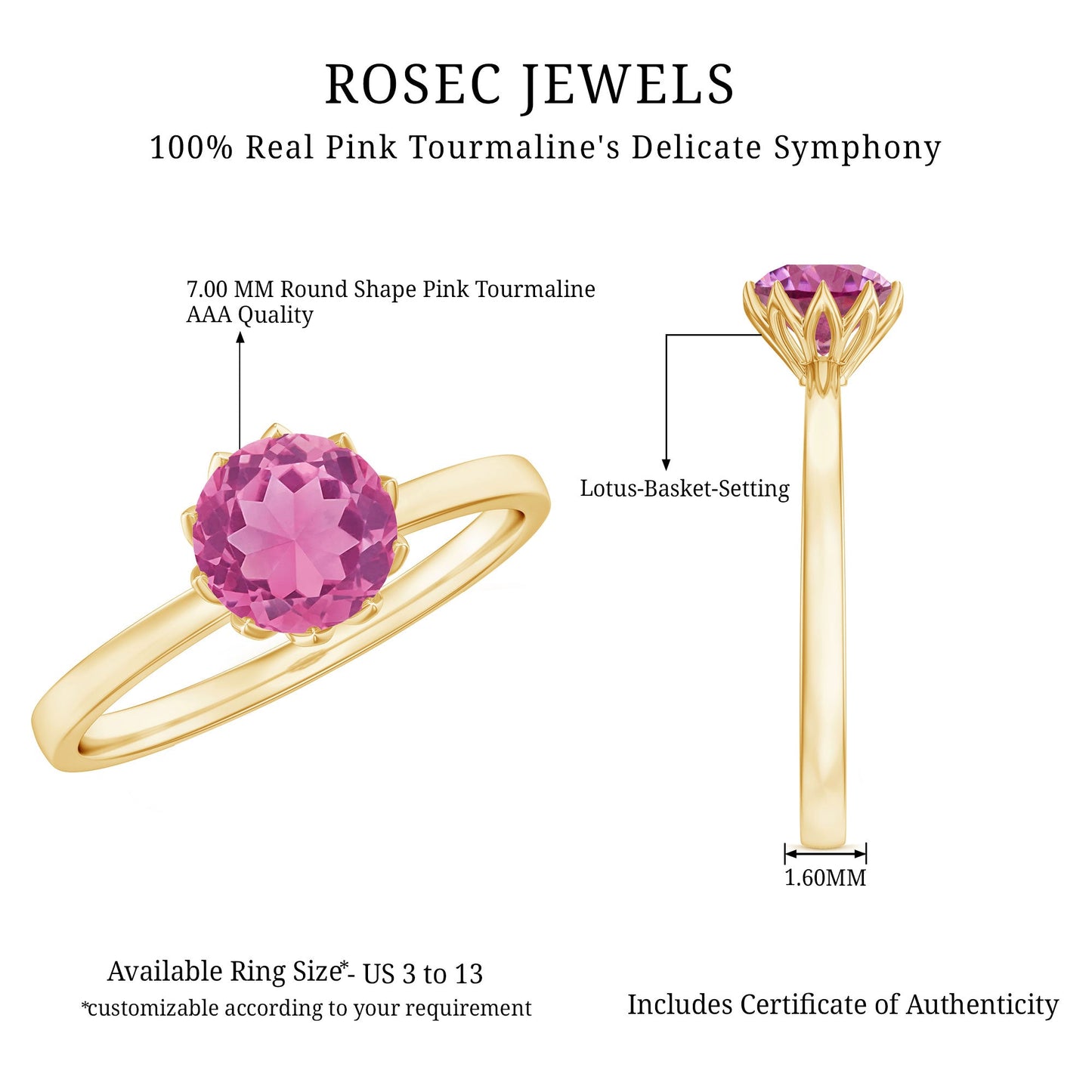 1.2 Carat Natural Pink Tourmaline Solitaire Ring in Lotus Basket Setting