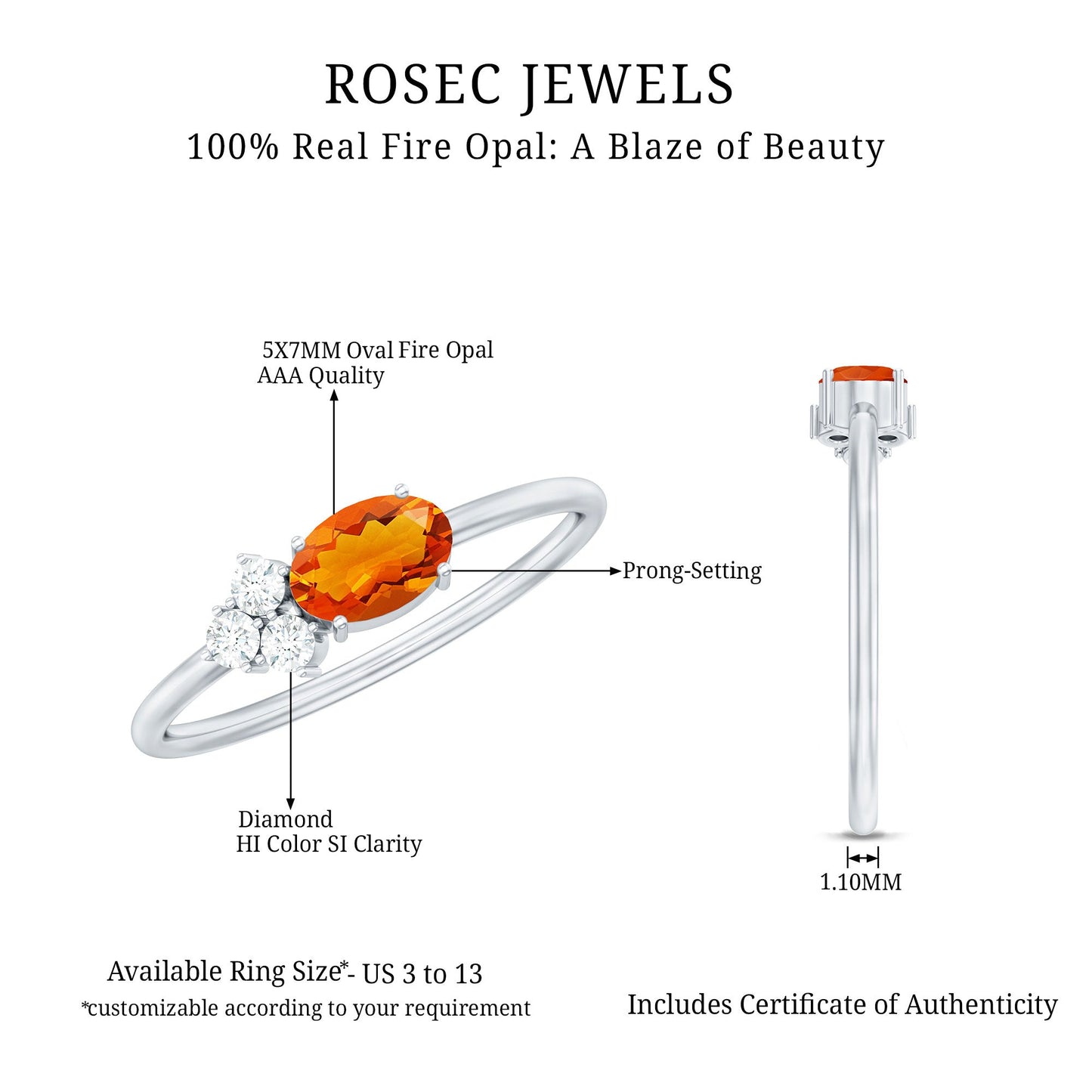 Oval Cut Fire Opal Promise Ring with Diamond Trio