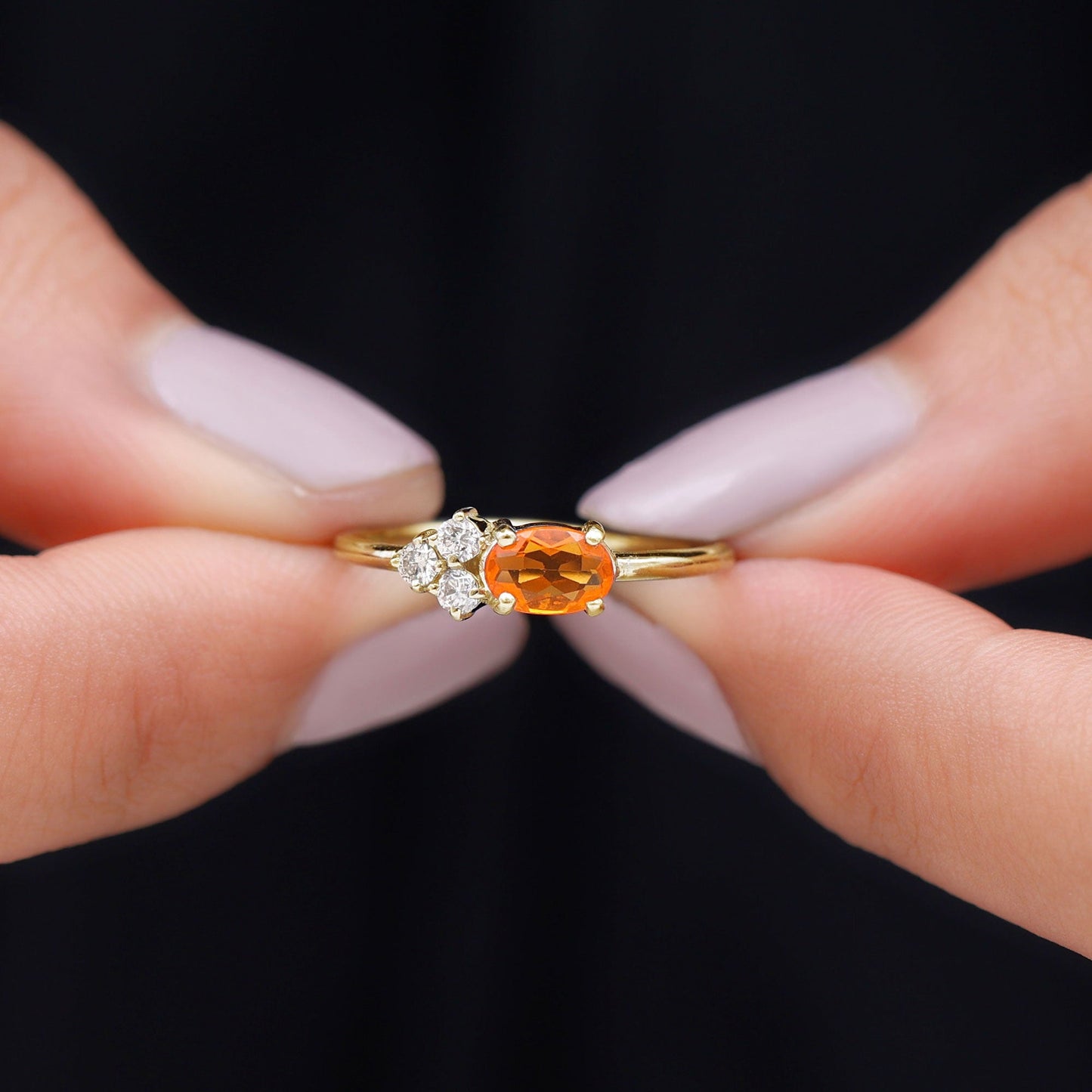 Oval Cut Fire Opal Promise Ring with Diamond Trio