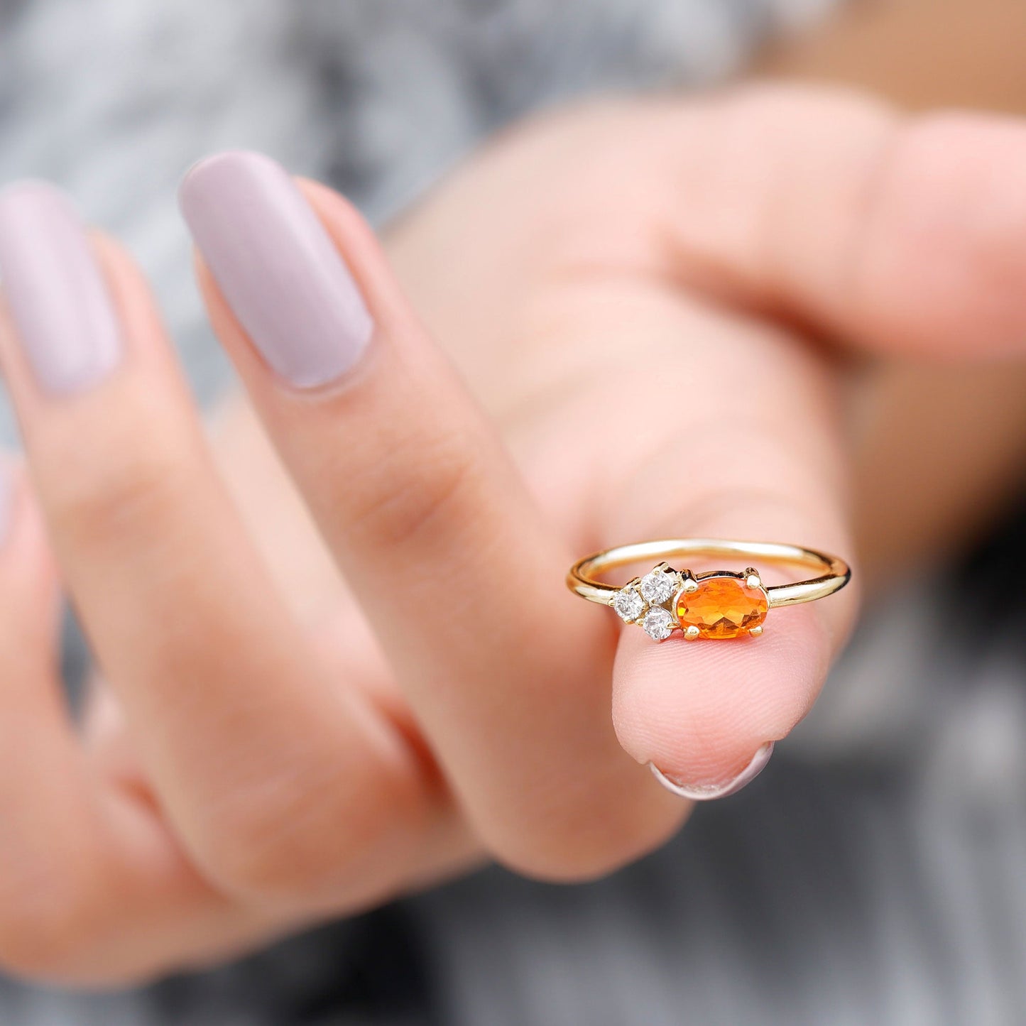 Oval Cut Fire Opal Promise Ring with Diamond Trio