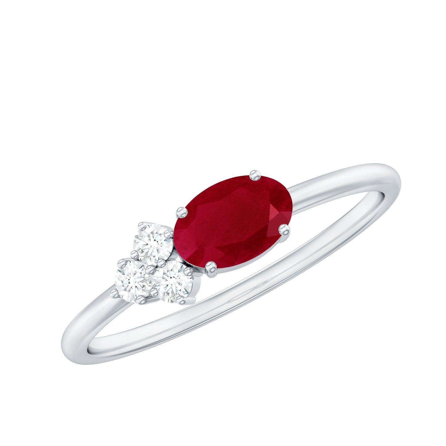 East West Style 0.6 Carat Oval Ruby Promise Ring with Diamond Trio