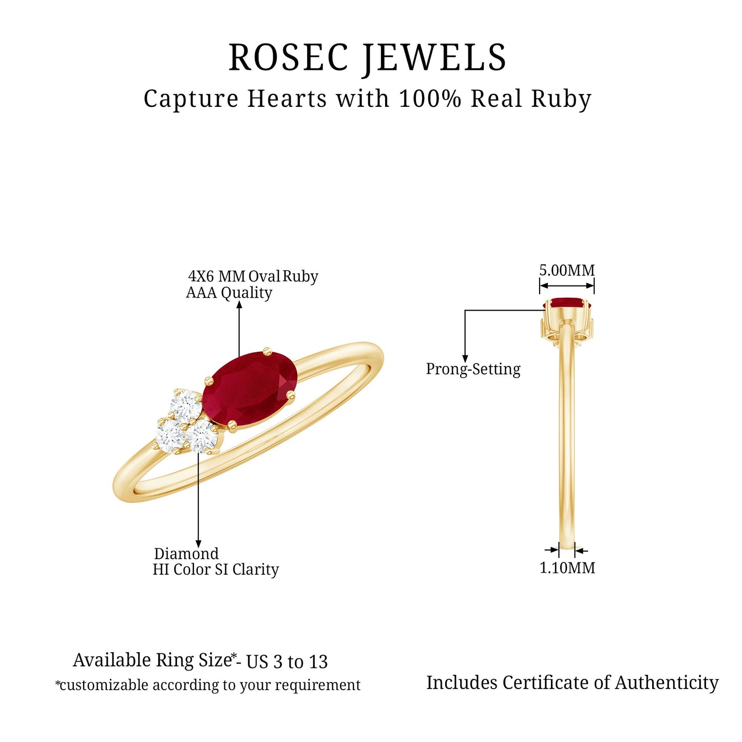 East West Style 0.6 Carat Oval Ruby Promise Ring with Diamond Trio