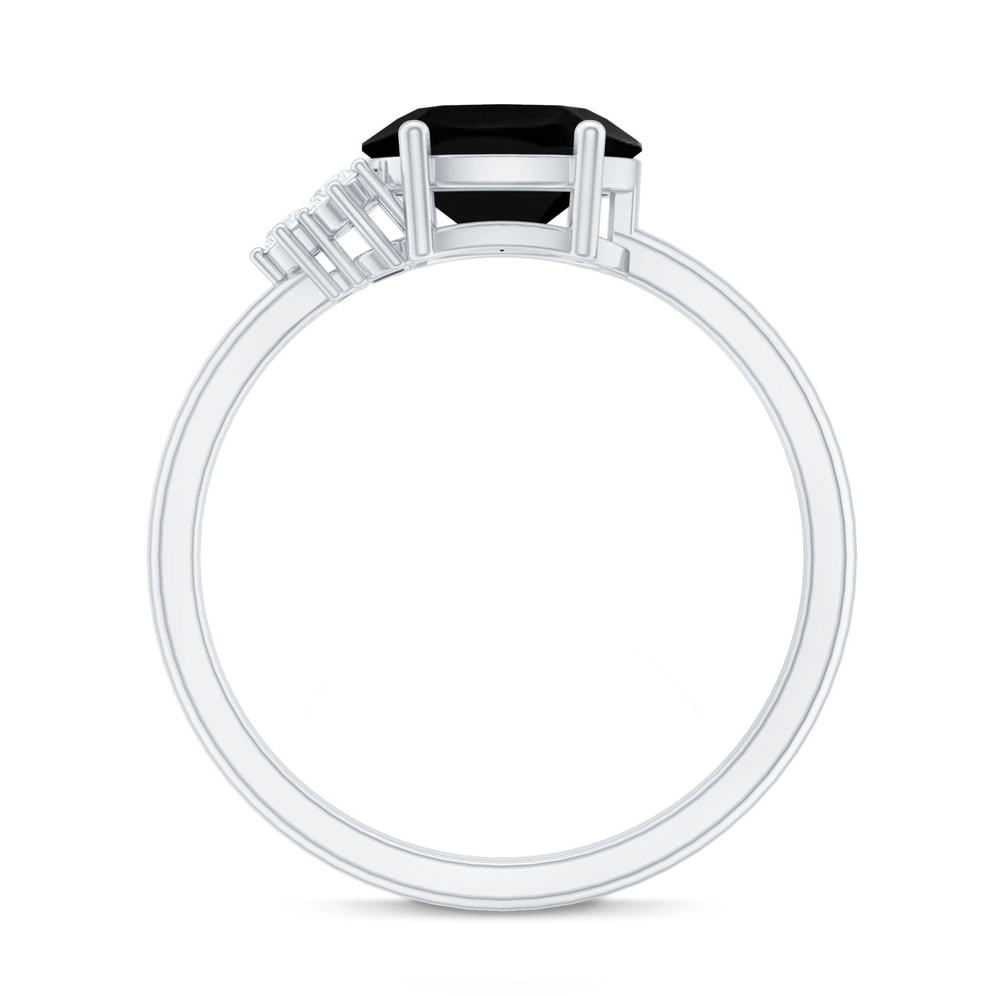 Oval Cut Created Black Diamond Minimal Ring with Diamond Trio