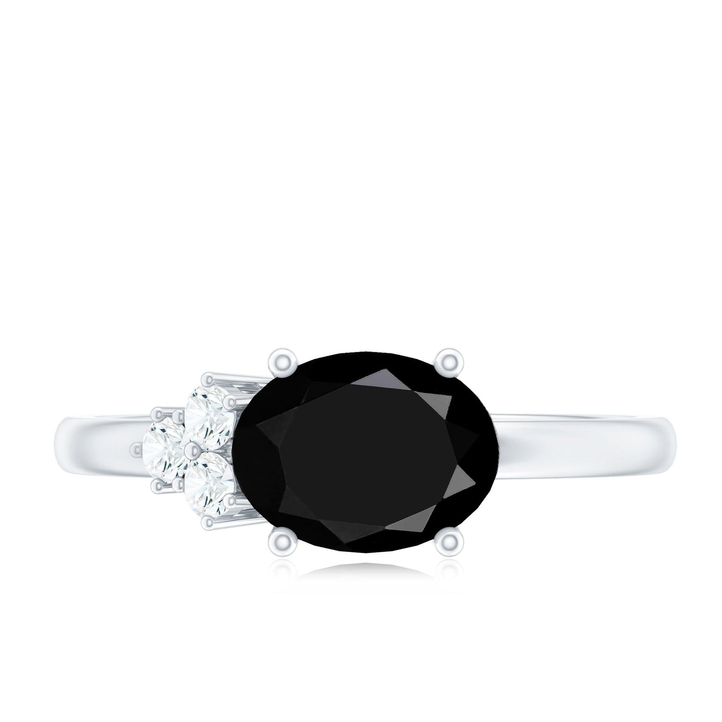 Oval Cut Created Black Diamond Minimal Ring with Diamond Trio