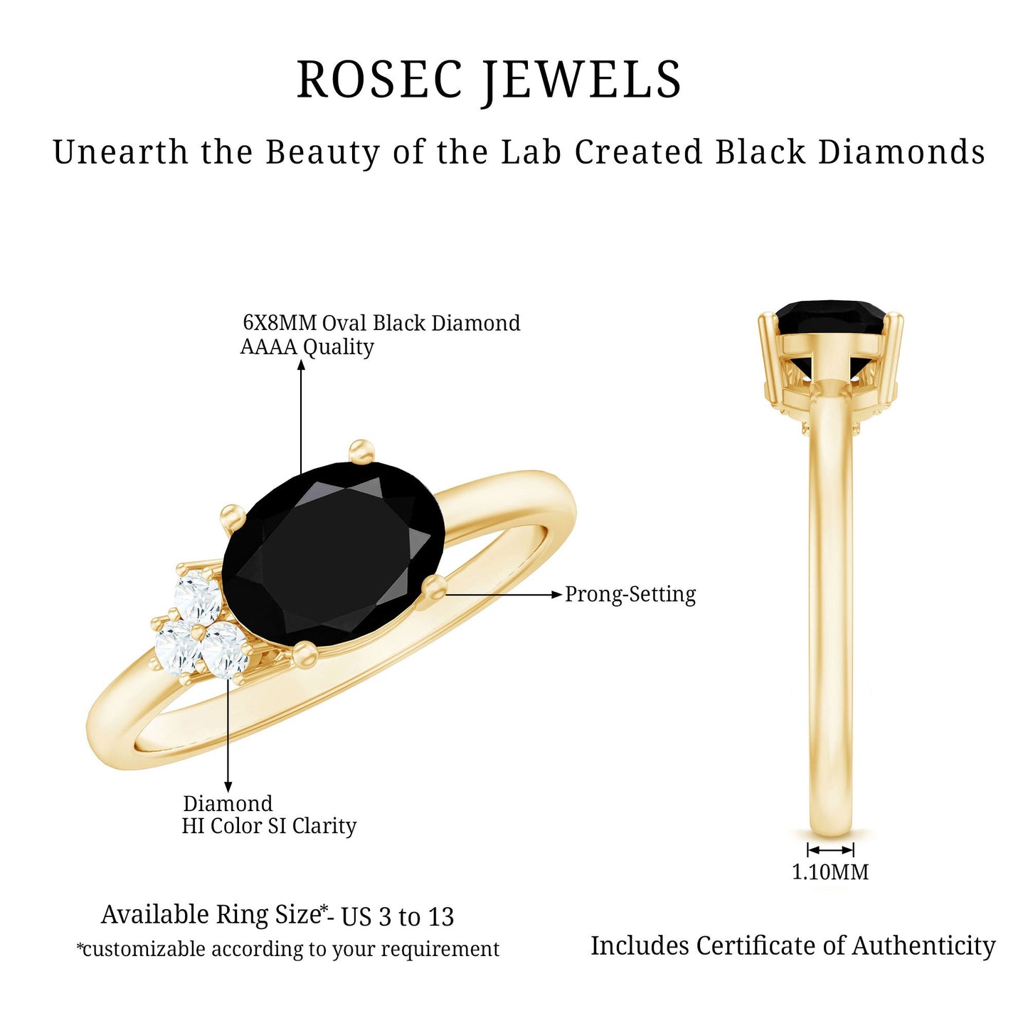 Oval Cut Created Black Diamond Minimal Ring with Diamond Trio