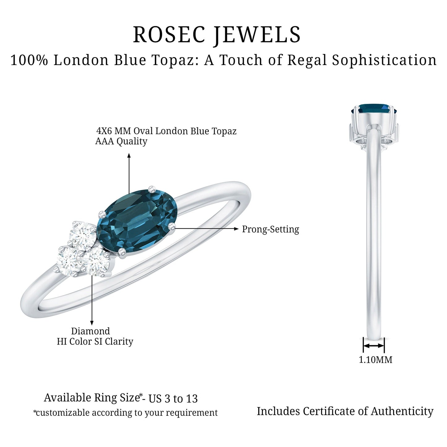 0.4 Carat Oval Cut London Blue Topaz East West Promise Ring with Diamond Trio