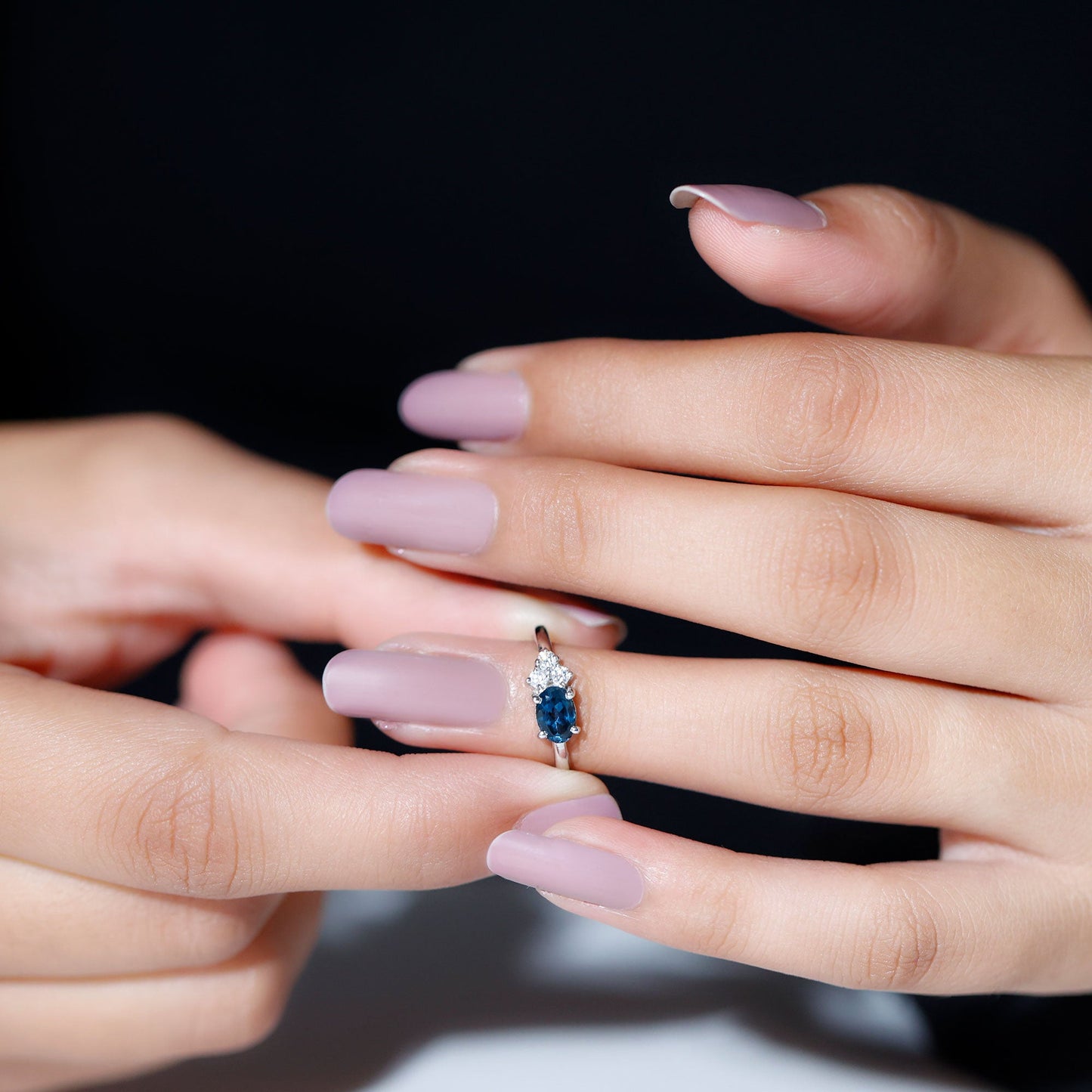 0.4 Carat Oval Cut London Blue Topaz East West Promise Ring with Diamond Trio