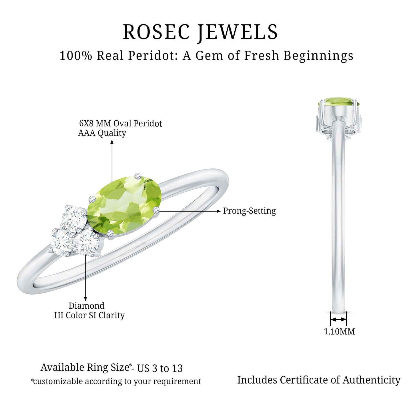 Natural 1 Carat Peridot Oval Engagement Ring with Diamond Trio
