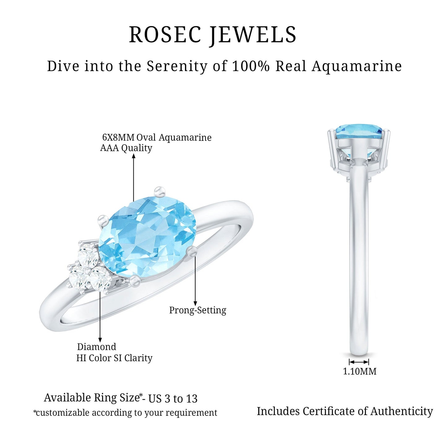 Natural 1 Carat Oval Aquamarine Promise Ring with Diamond Trio