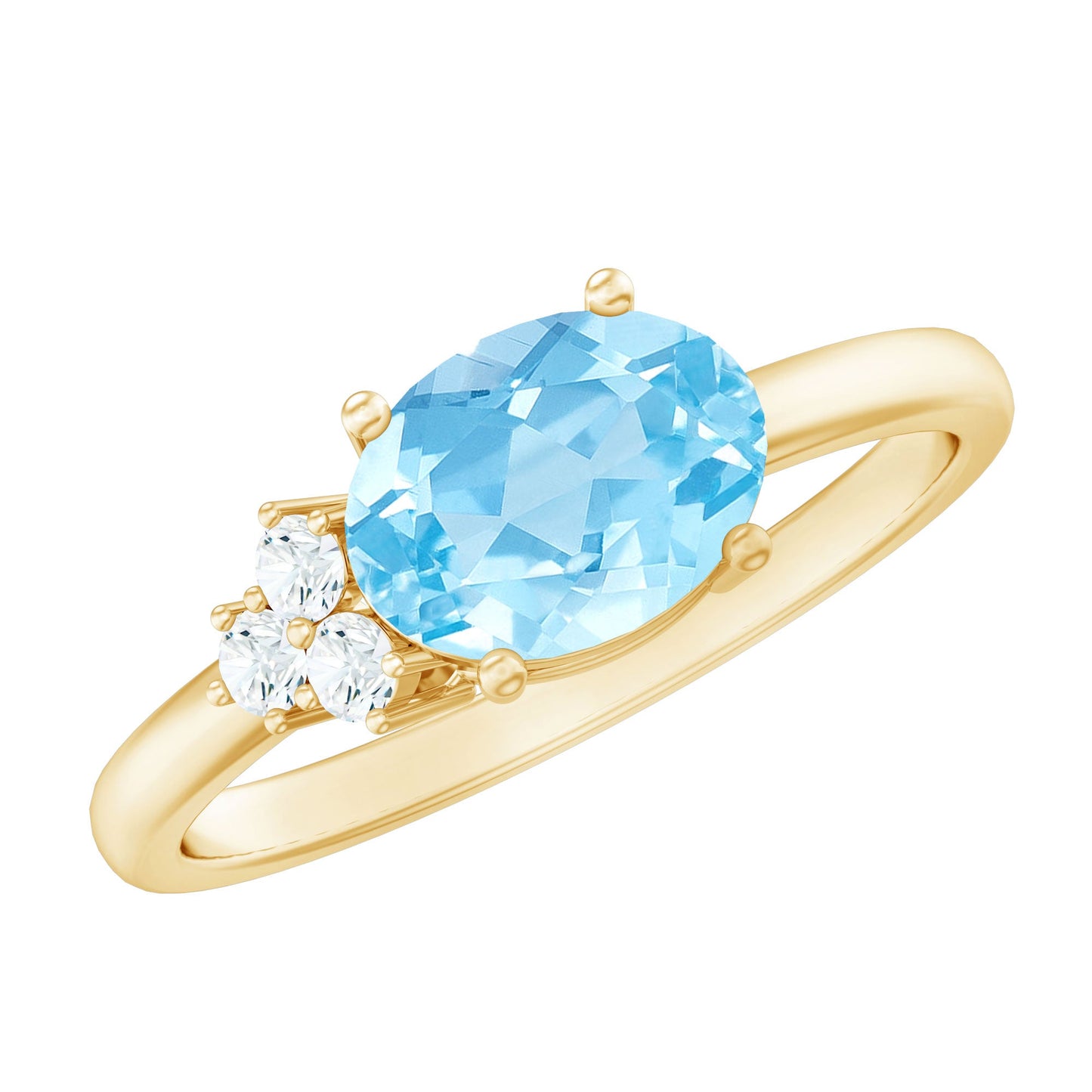 Natural 1 Carat Oval Aquamarine Promise Ring with Diamond Trio