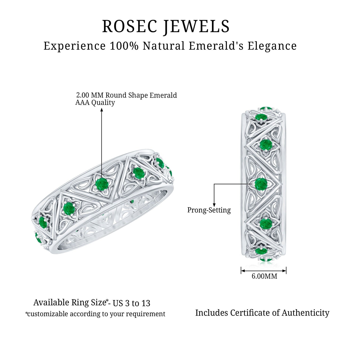 Vintage Inspired Real Emerald Wide Wedding Band