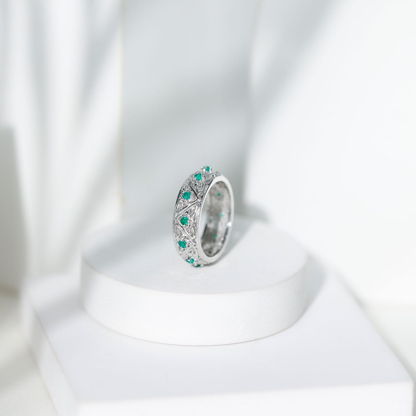 Vintage Inspired Real Emerald Wide Wedding Band